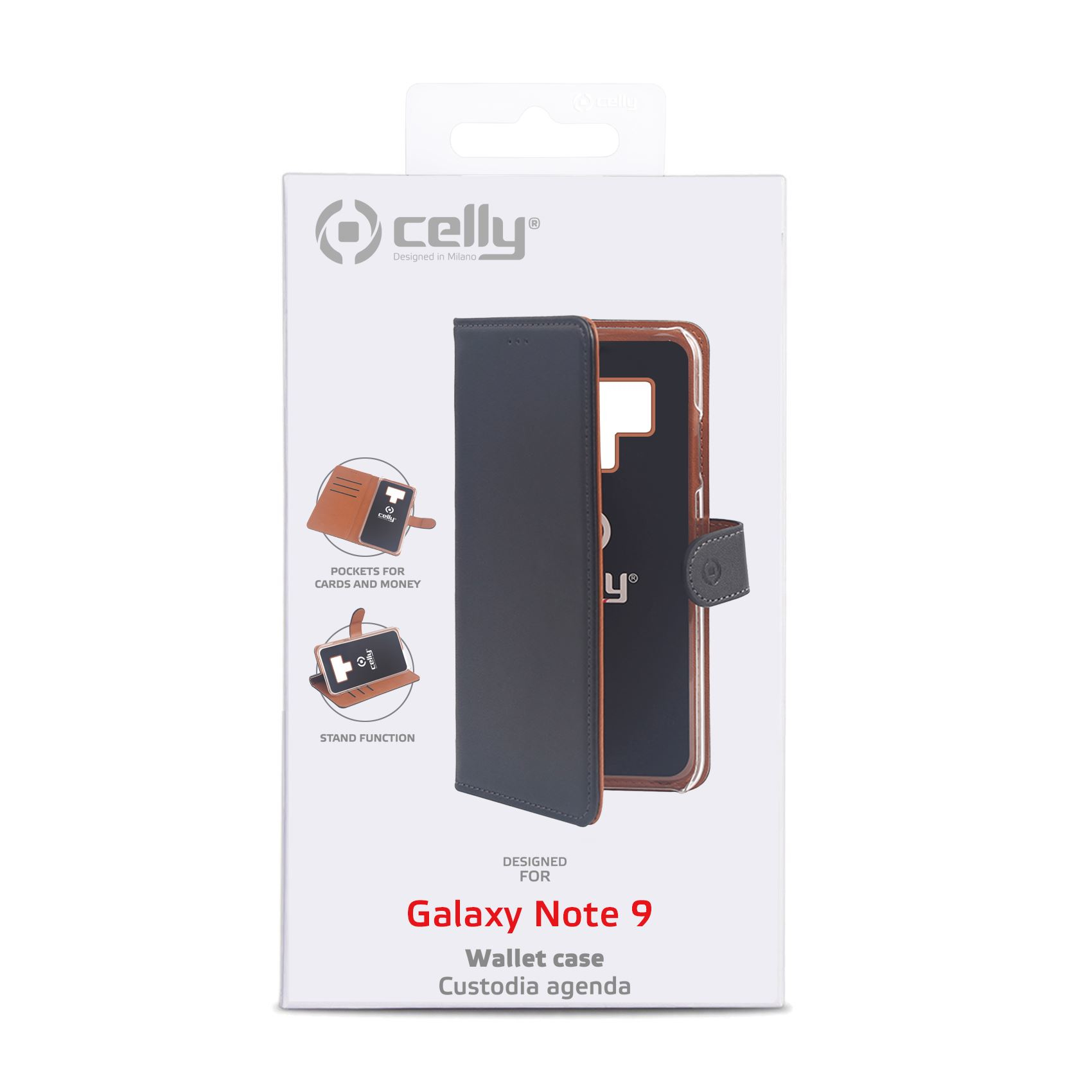 Una scatola con una custodia a portafoglio per telefono. La scatola mostra tasche e funzione stand.