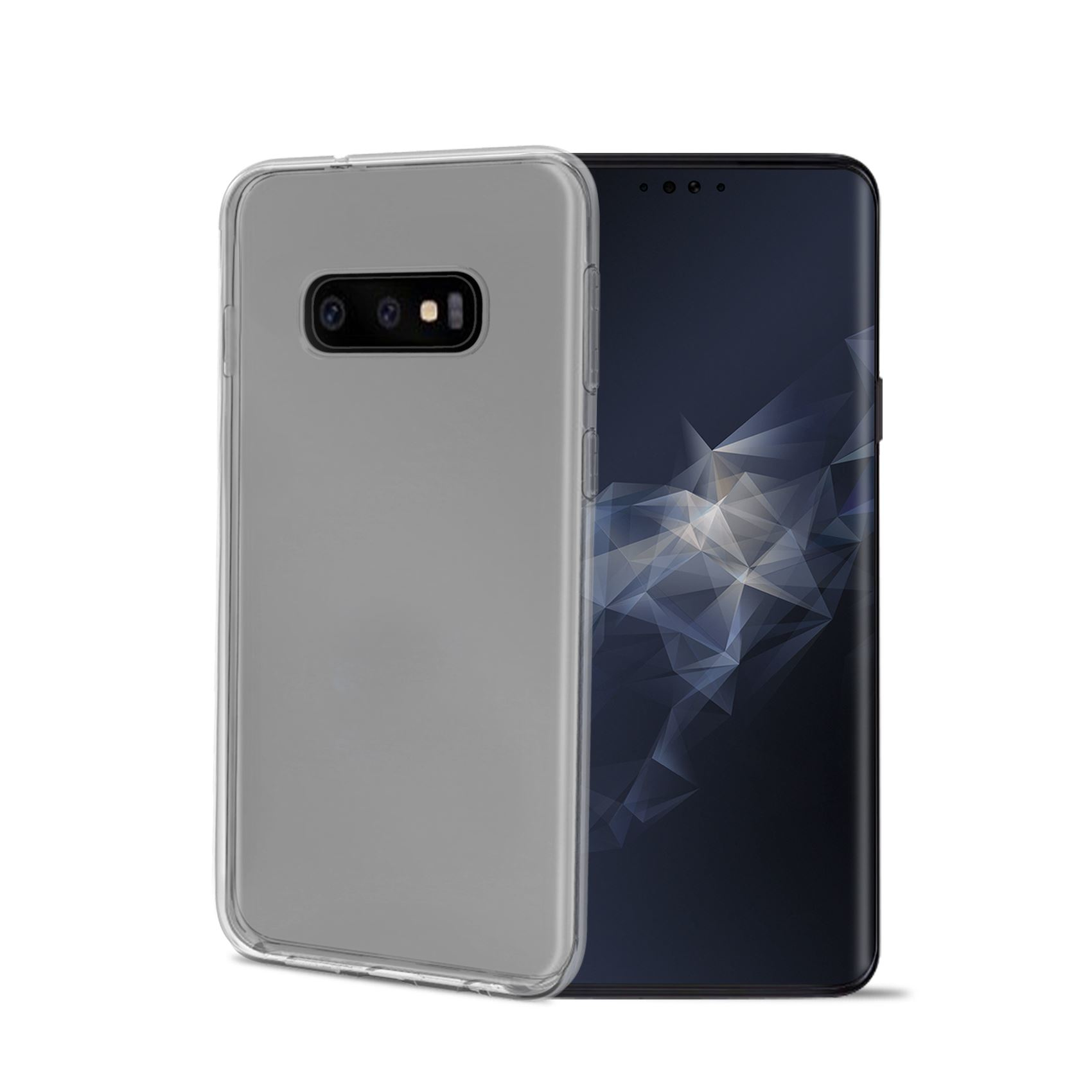 Custodia per telefono con telefono. La custodia è trasparente e il telefono è visibile. Bianco.