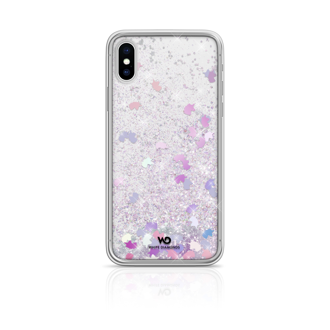 Handyhülle mit Glitzer und rosa Formen. White Diamonds Logo unten. Weißer Hintergrund.