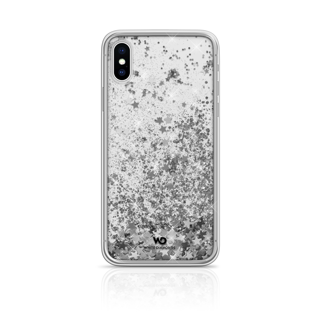 Custodia per telefono con glitter e stelle argentate. Logo White Diamonds in basso. Sfondo bianco.