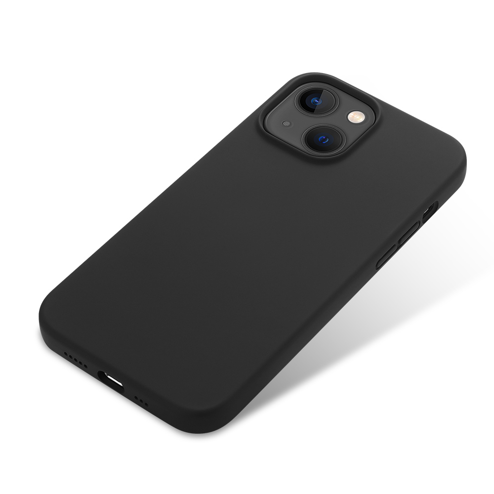 Custodia nera per telefono su superficie bianca. Ha modulo fotocamera, per iPhone.