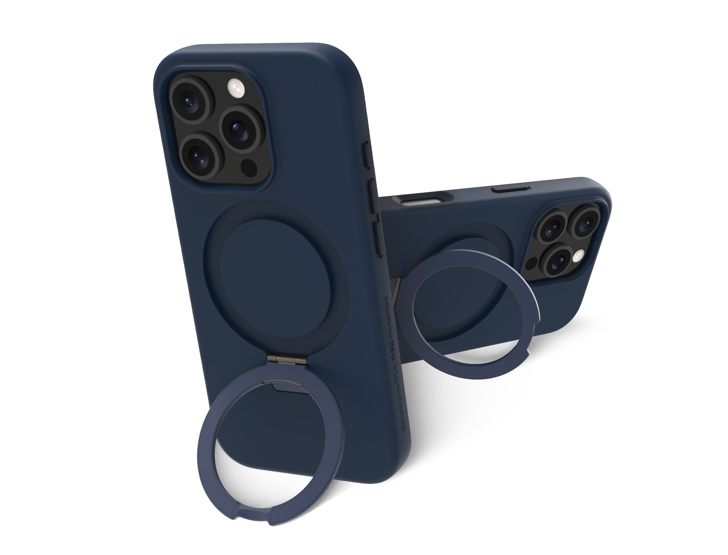 Custodie per telefono blu scuro con supporto ad anello, su superficie bianca. L'anello è blu scuro.