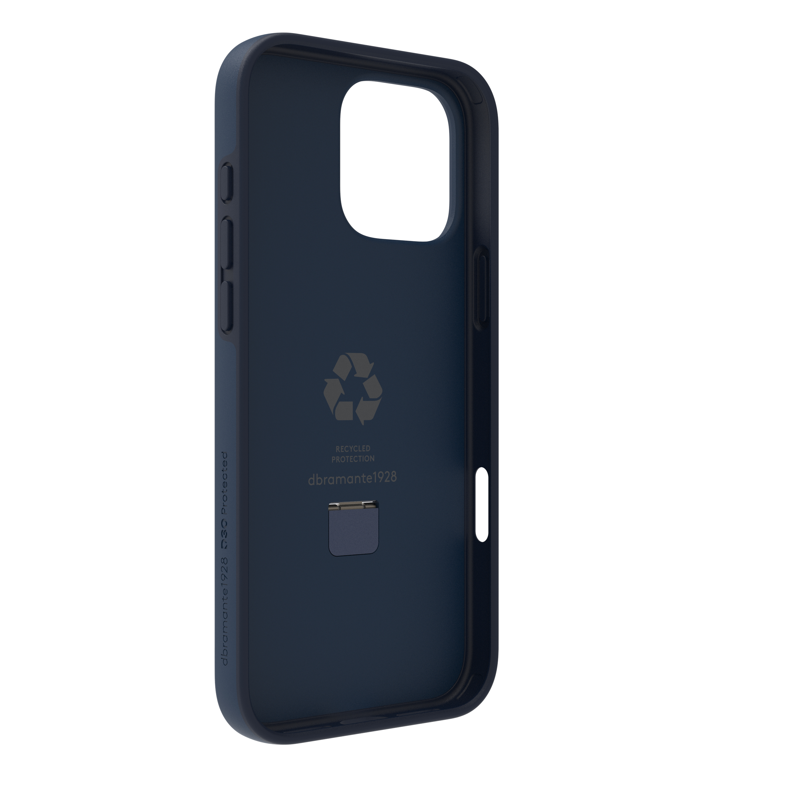 Interno della custodia blu del telefono. Logo di protezione riciclata. Fori per pulsanti e fotocamera.