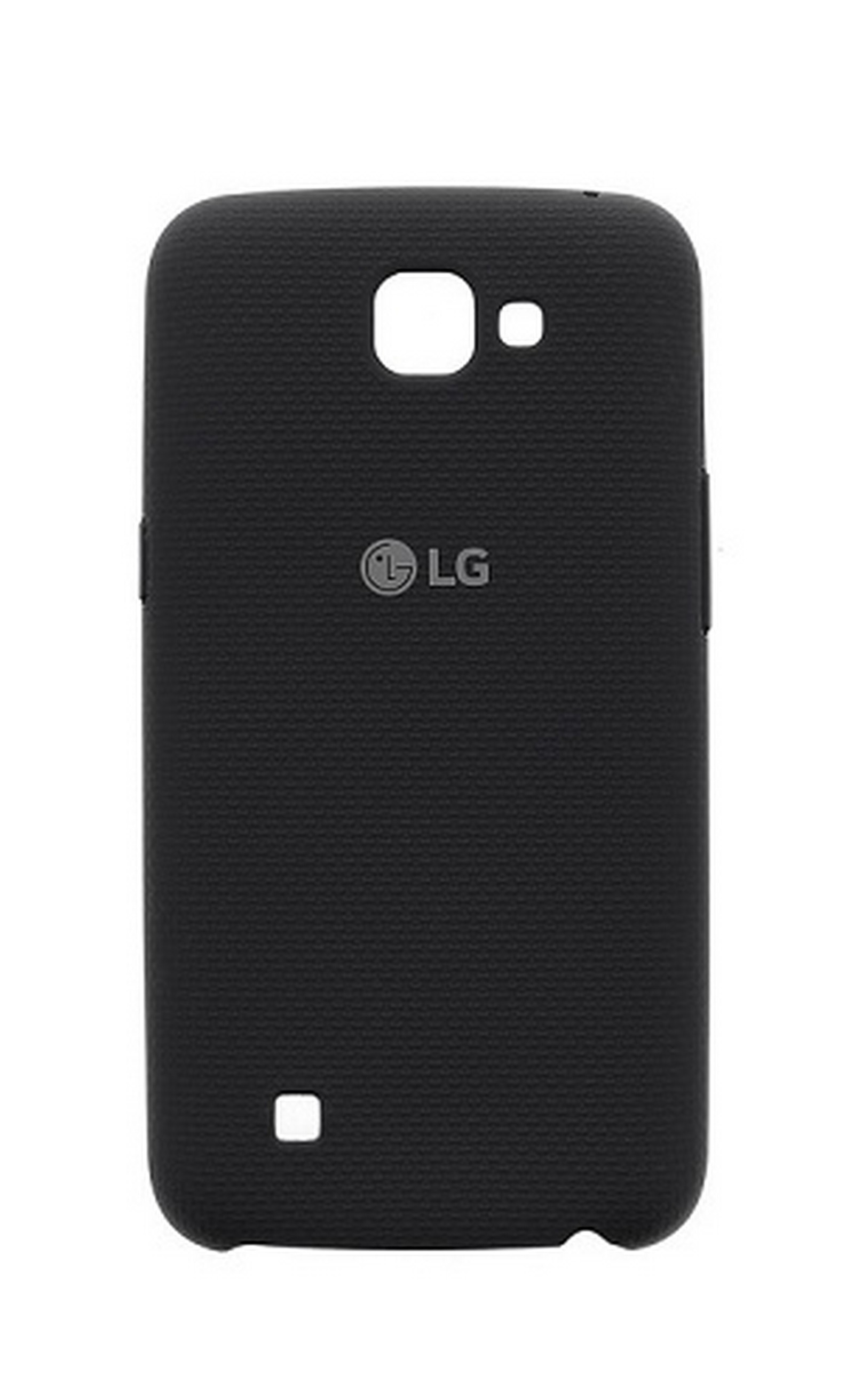 Custodia nera con retro strutturato, mostra il logo LG. È una custodia.