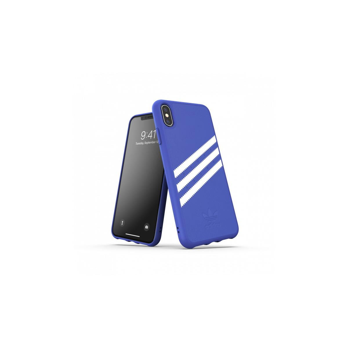 Custodia blu con strisce bianche e logo Adidas. Un altro telefono accanto.