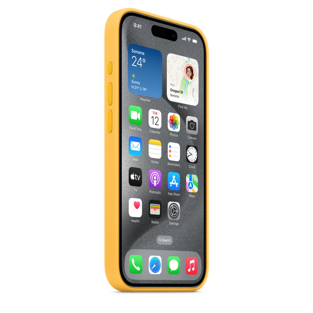 Yellow iPhone with a screen displaying weather and app icons. It shows the date on the screen.