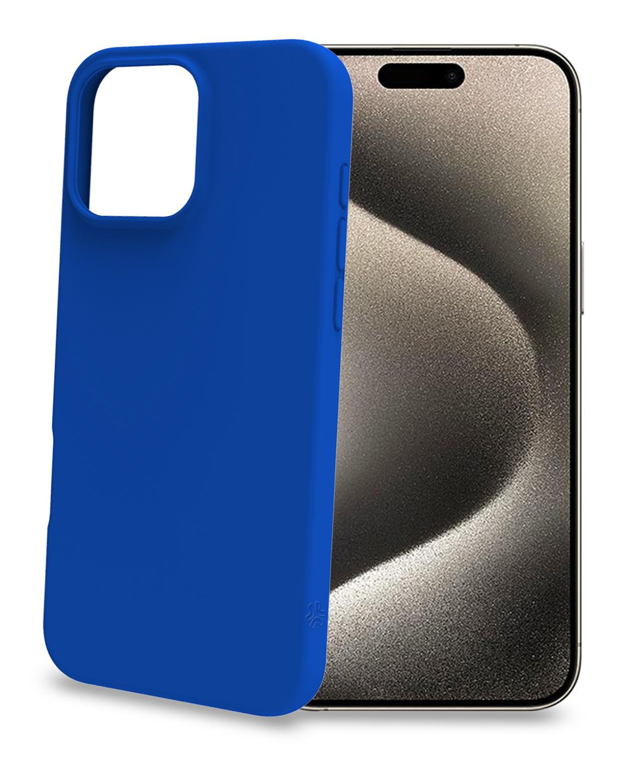 Una custodia blu e un telefono con schermo scuro. Lo schermo è visibile con la custodia a sinistra.