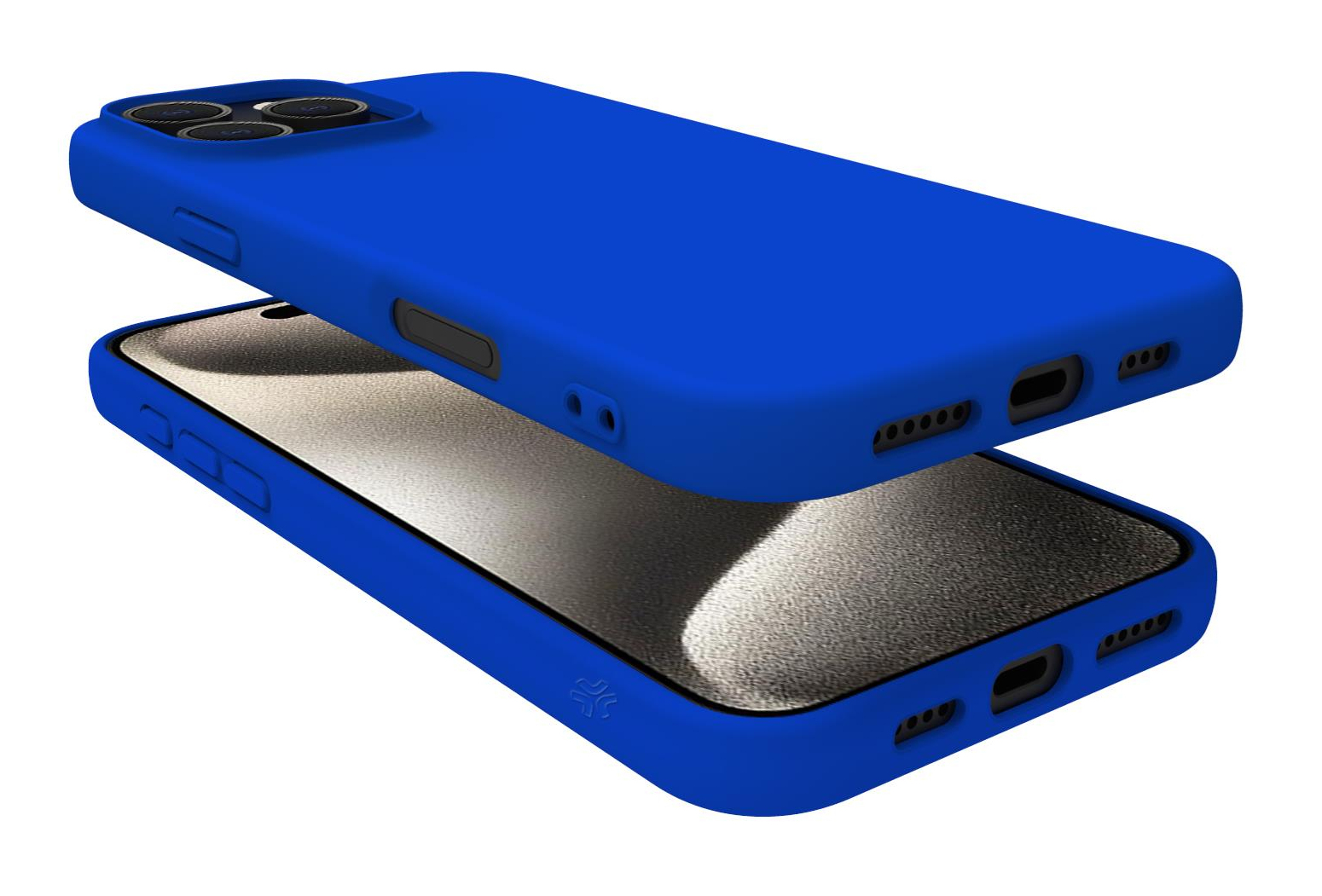 Custodie blu con un telefono all'interno. È una custodia e un telefono su una superficie bianca.