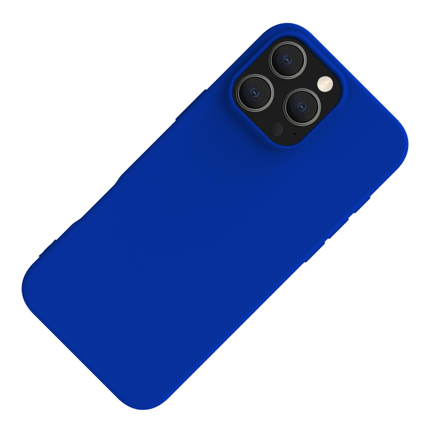 Custodia blu per telefono. Su sfondo bianco. Le lenti della fotocamera sono visibili.