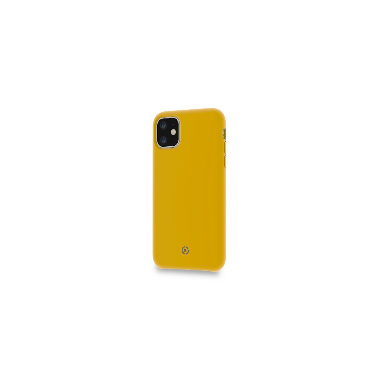 Custodia gialla per telefono con fotocamera. Sfondo bianco. È visibile il retro della custodia.