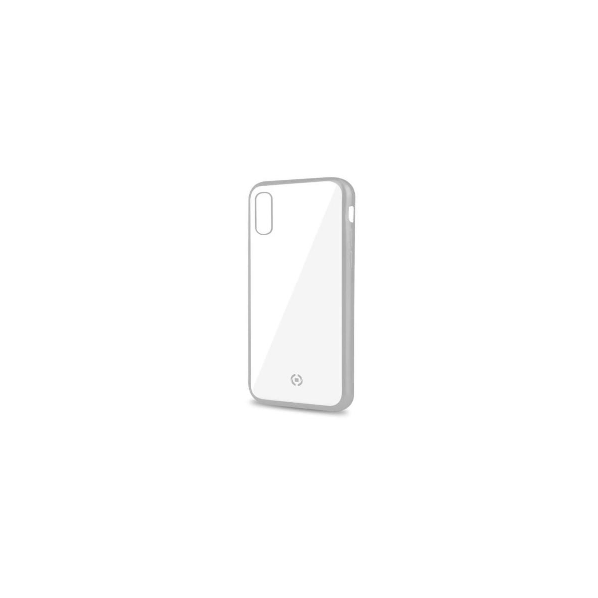 Una custodia trasparente per telefono con retro bianco, su sfondo bianco.