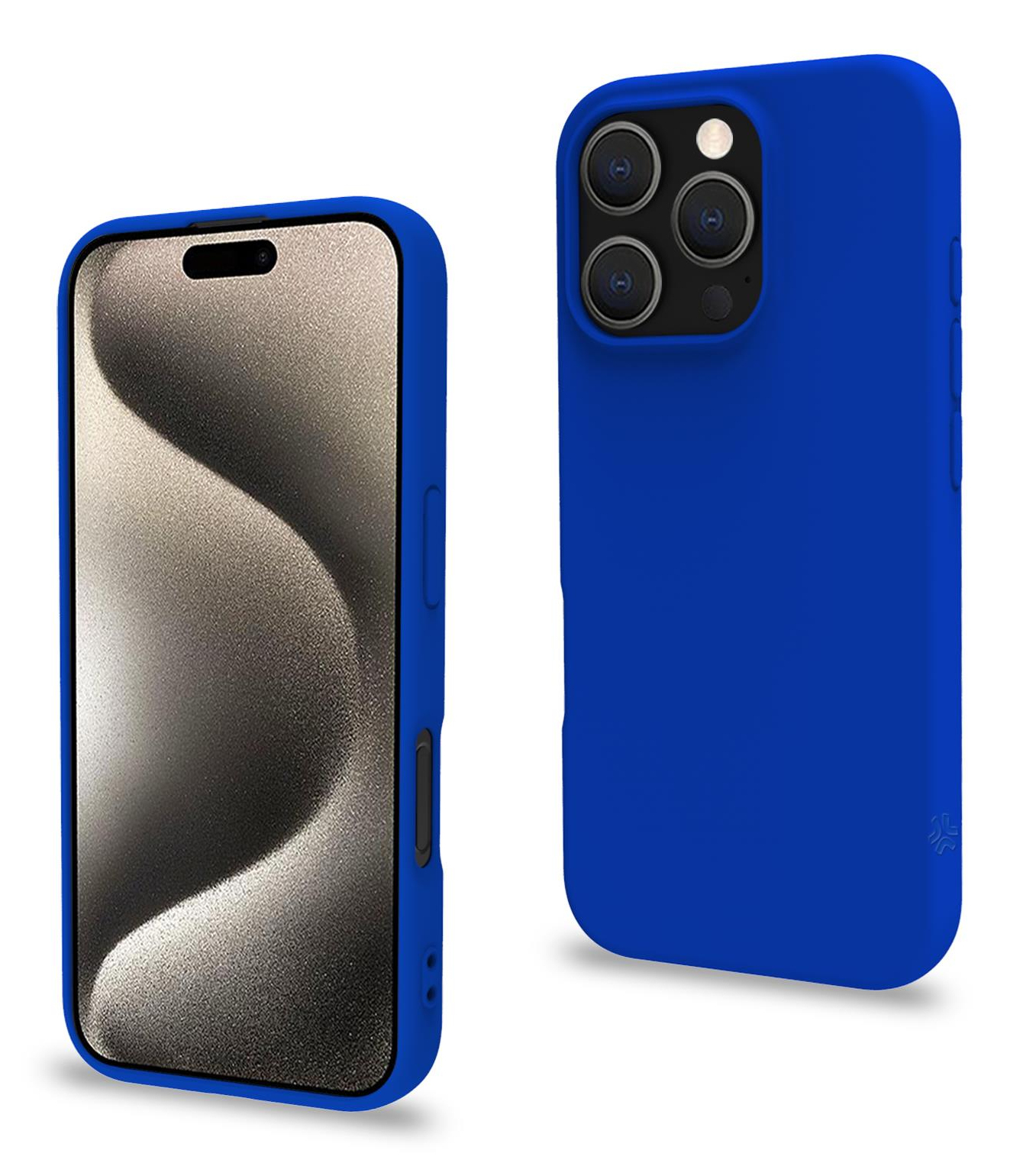 Custodia blu per iPhone su sfondo bianco. Schermo iPhone visibile a sinistra.