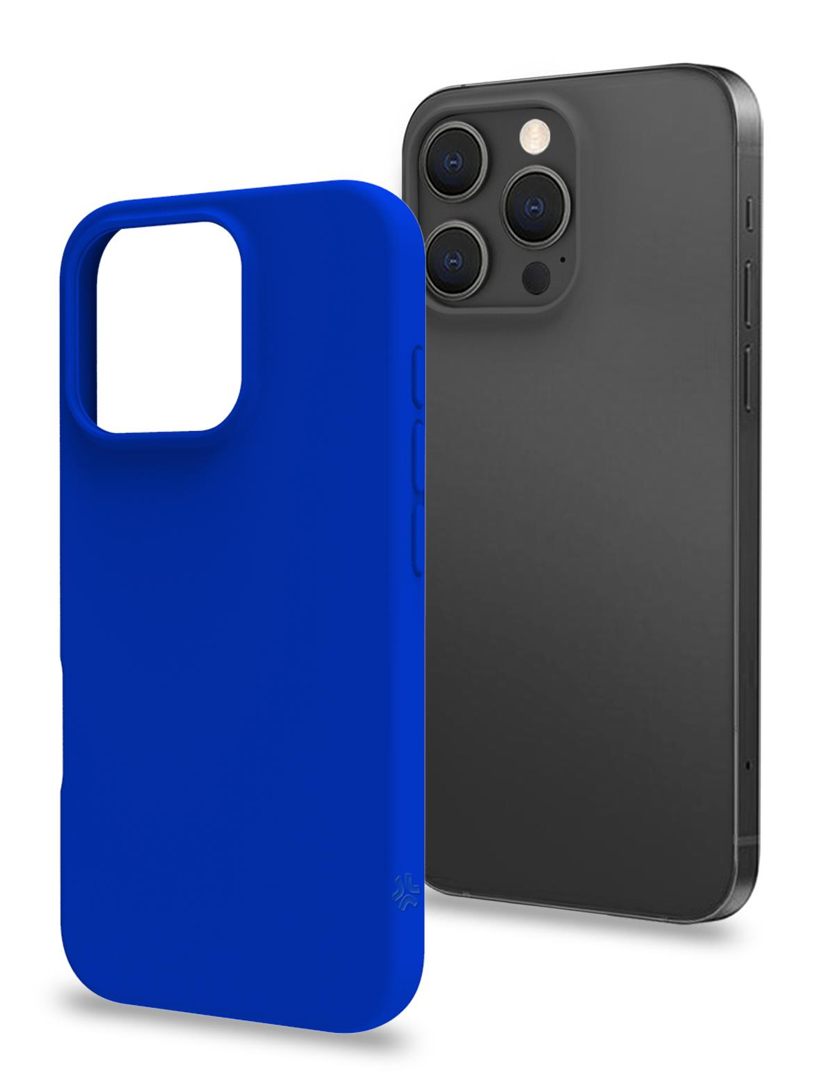 Una custodia blu per telefono accanto a un telefono nero su sfondo bianco.