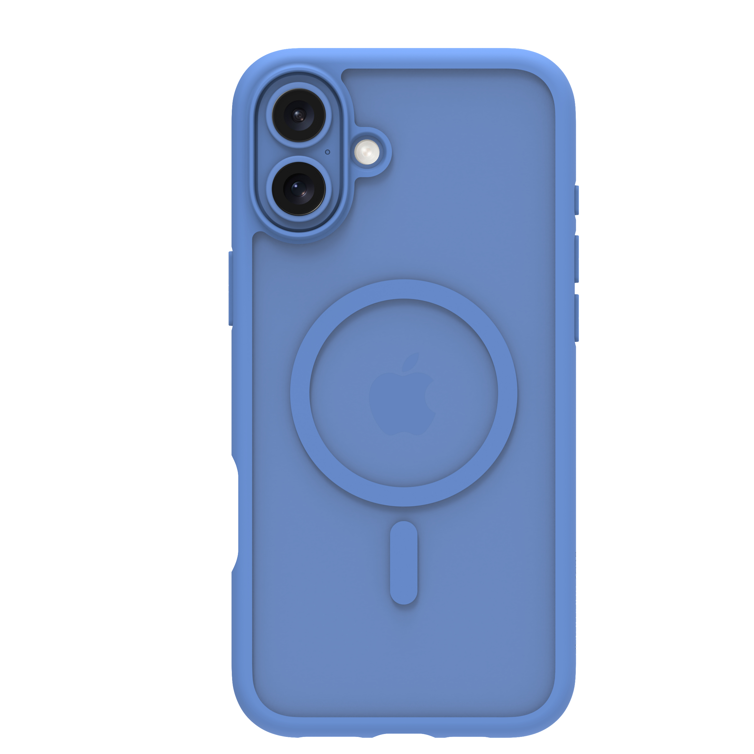 Una custodia blu per telefono con un cerchio e un segno meno sul retro, su sfondo bianco.