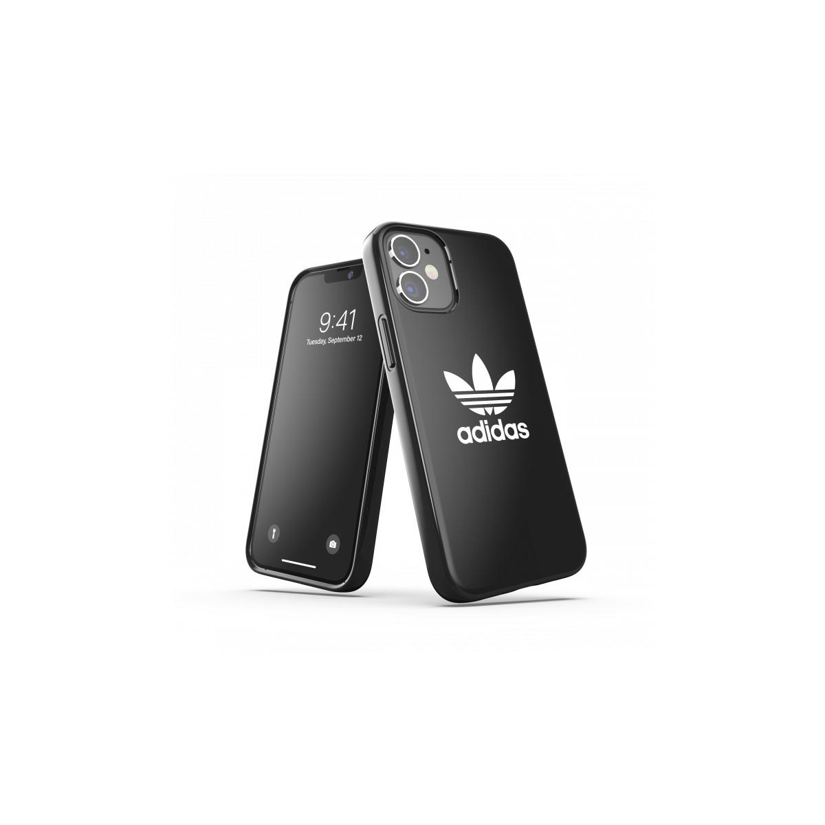 Telefono e custodia neri. La custodia ha il logo Adidas bianco. Schermo del telefono visibile.