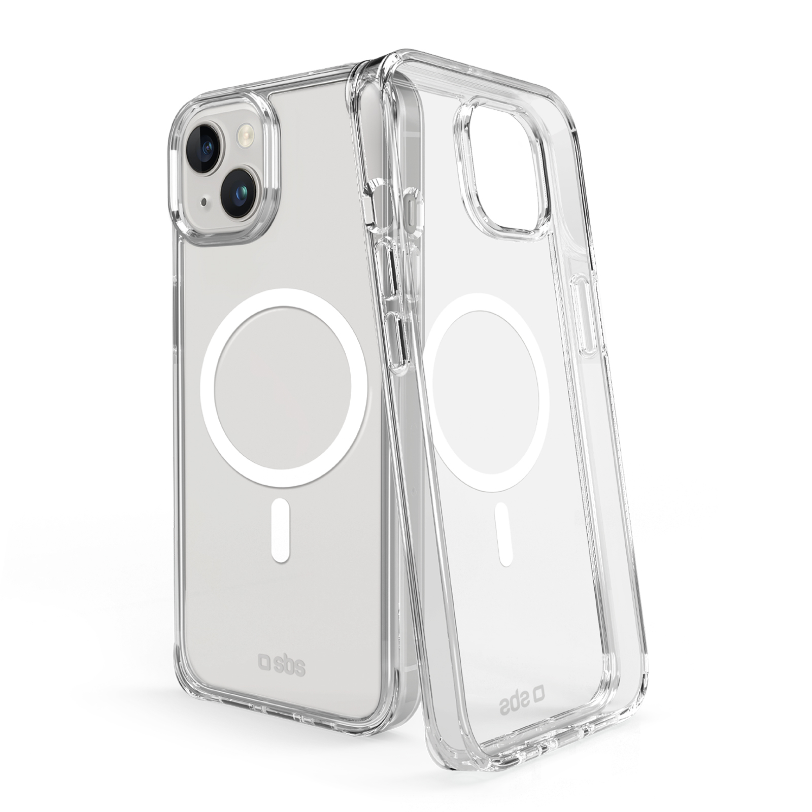Custodia trasparente con un design a cerchio bianco. La custodia è accanto al telefono.