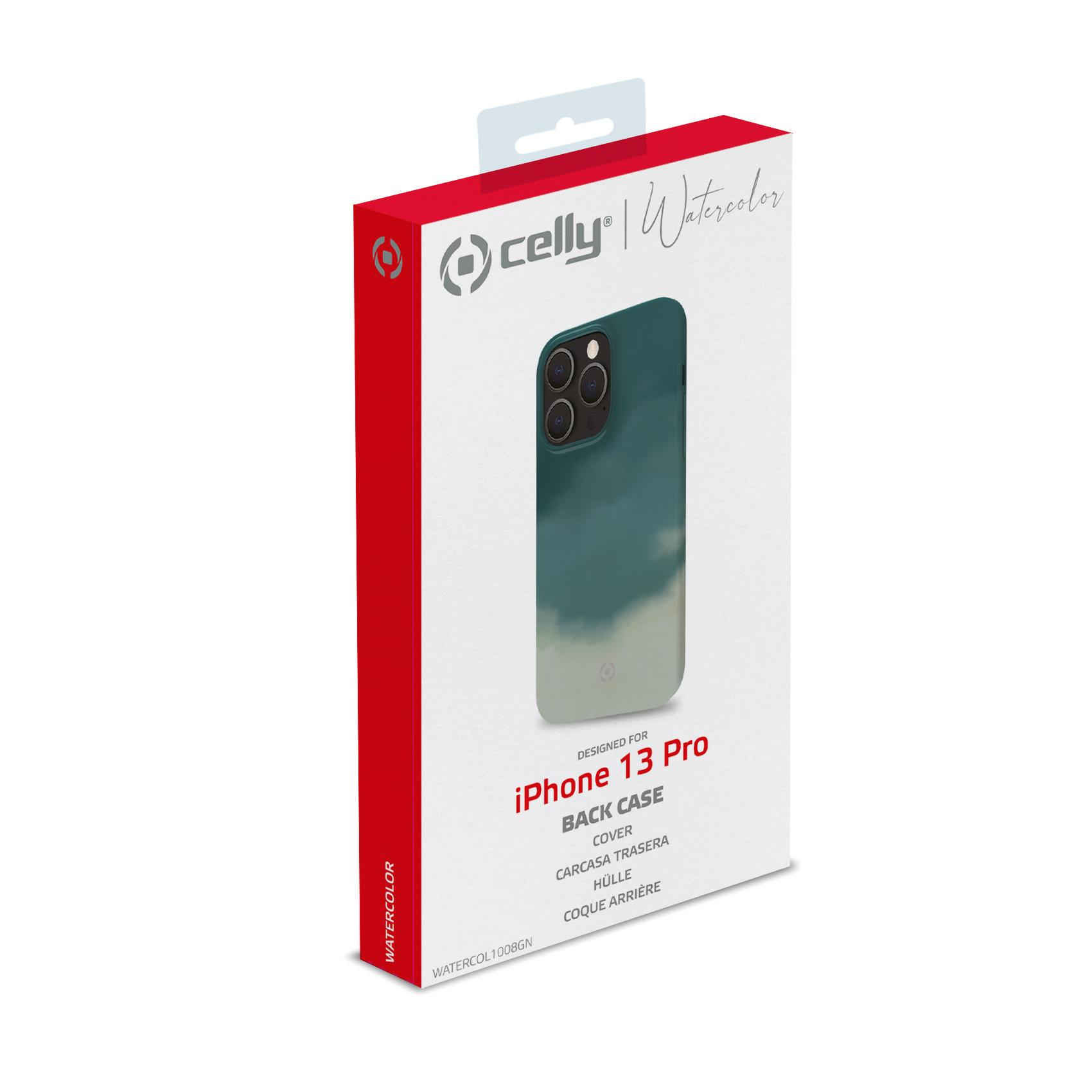 Scatola con custodia per iPhone. Design verde e bianco. Sfondo bianco.