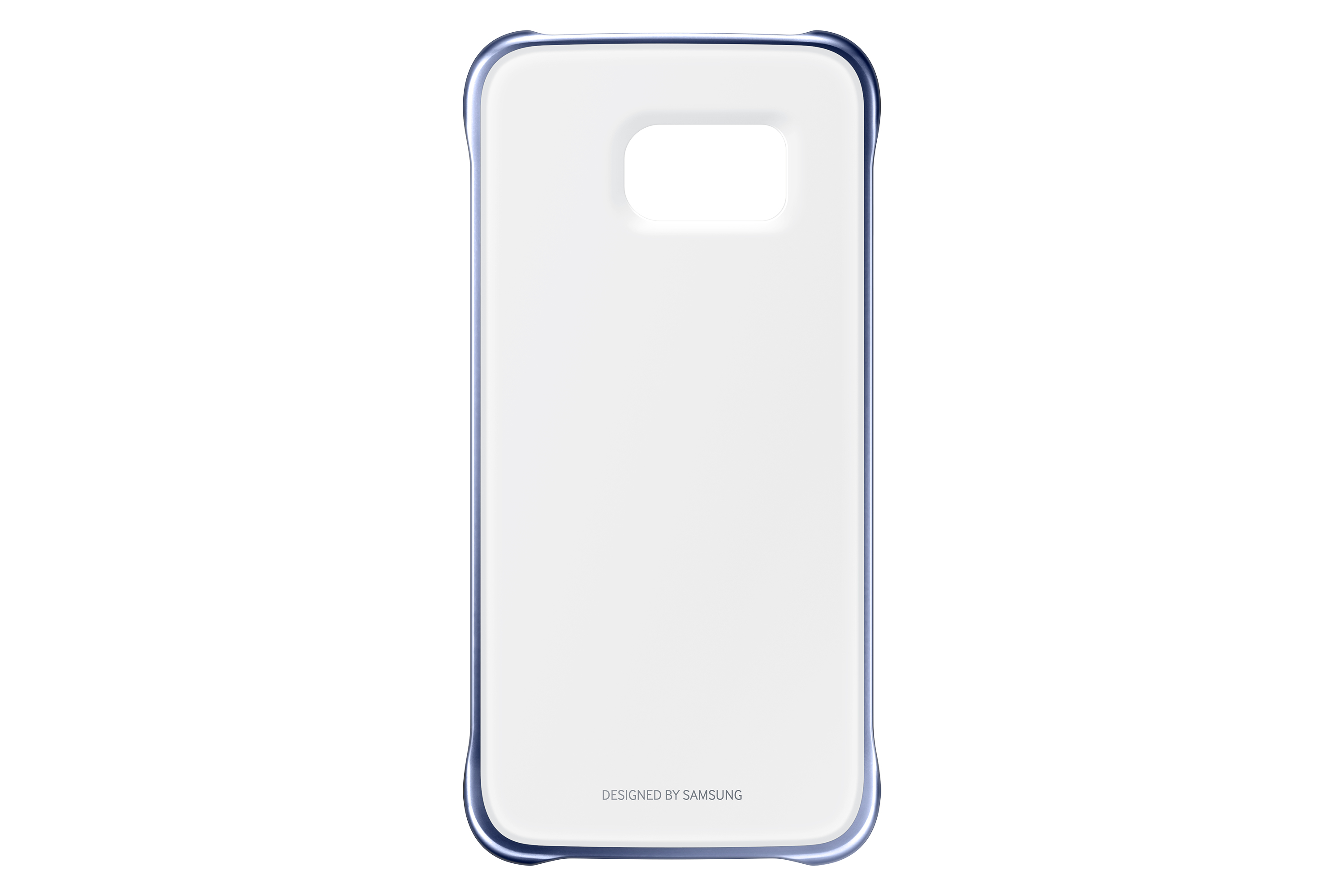 Custodia bianca con bordi blu, vista posteriore. 'Designed by Samsung' in basso.