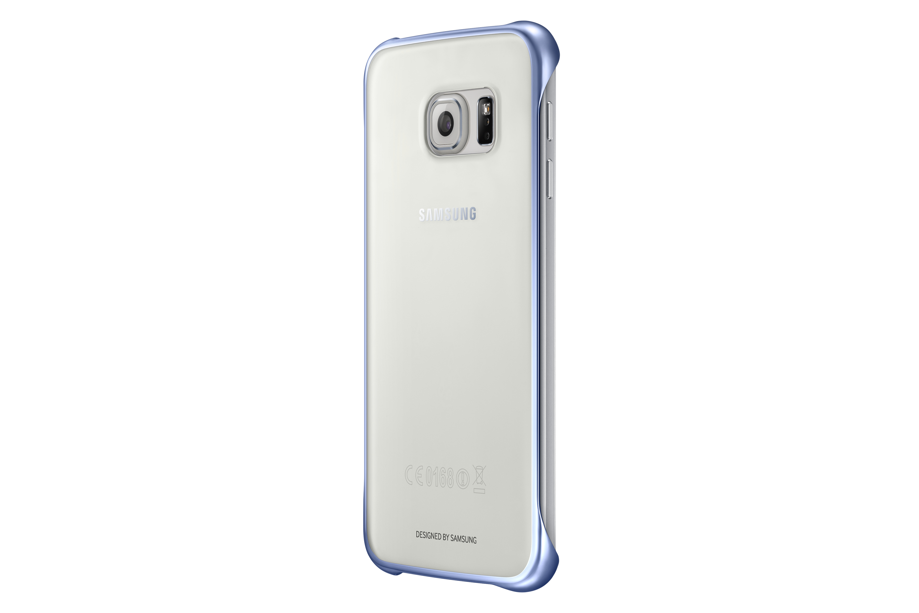 Custodia trasparente con finiture blu. Il telefono è bianco. Il marchio è Samsung.
