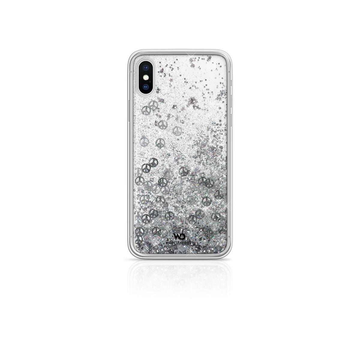 Custodia trasparente per telefono con simboli di pace. La custodia è piena di glitter.