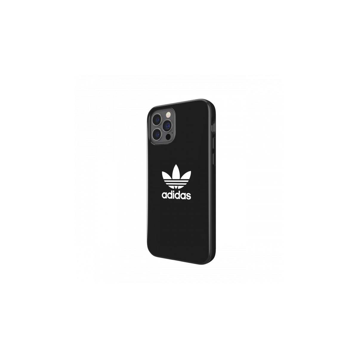 Custodia nera per iPhone con il logo Adidas. Il logo è bianco.