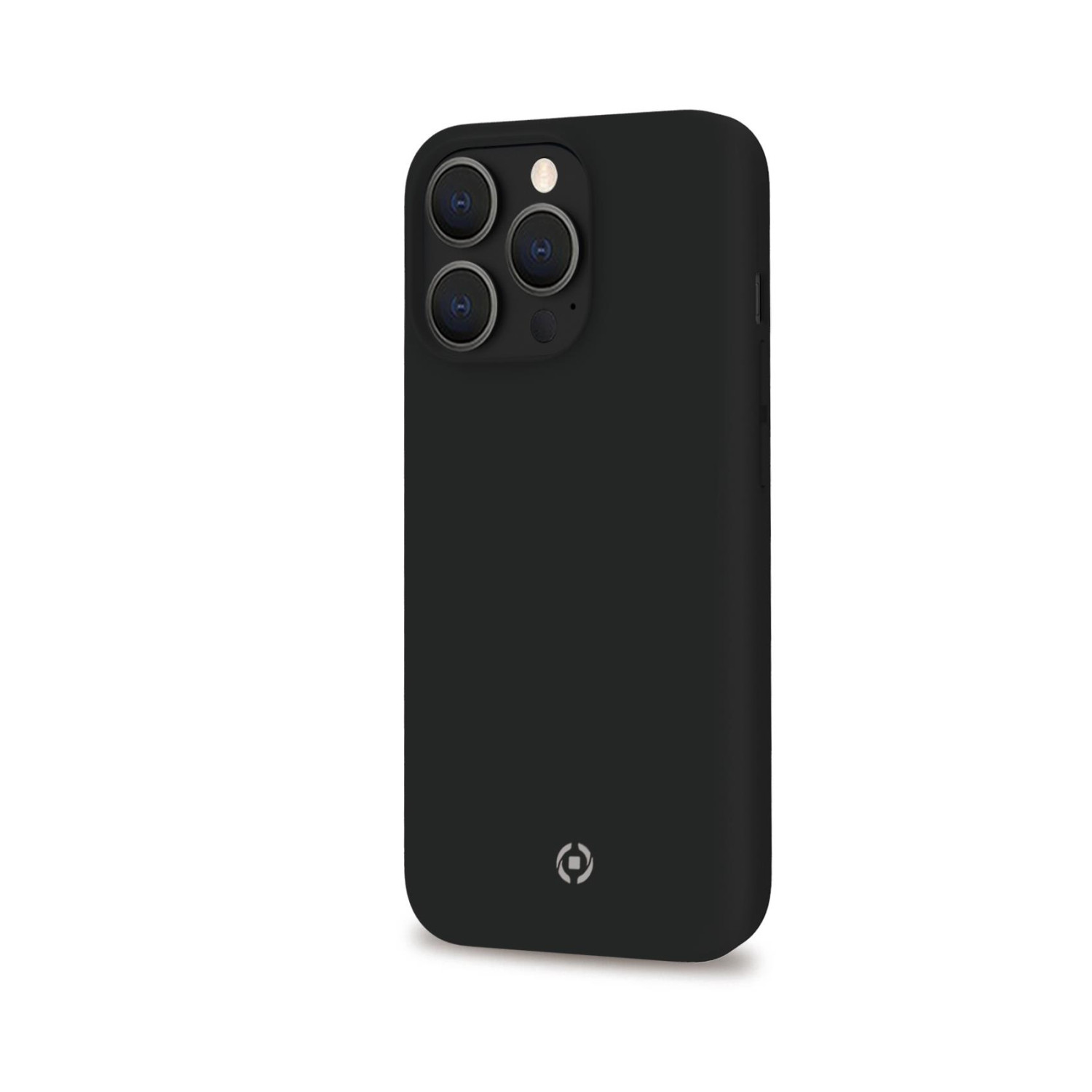 Custodia nera con telefono. La custodia è nero opaco, con logo quadrato, fotocamera visibile.