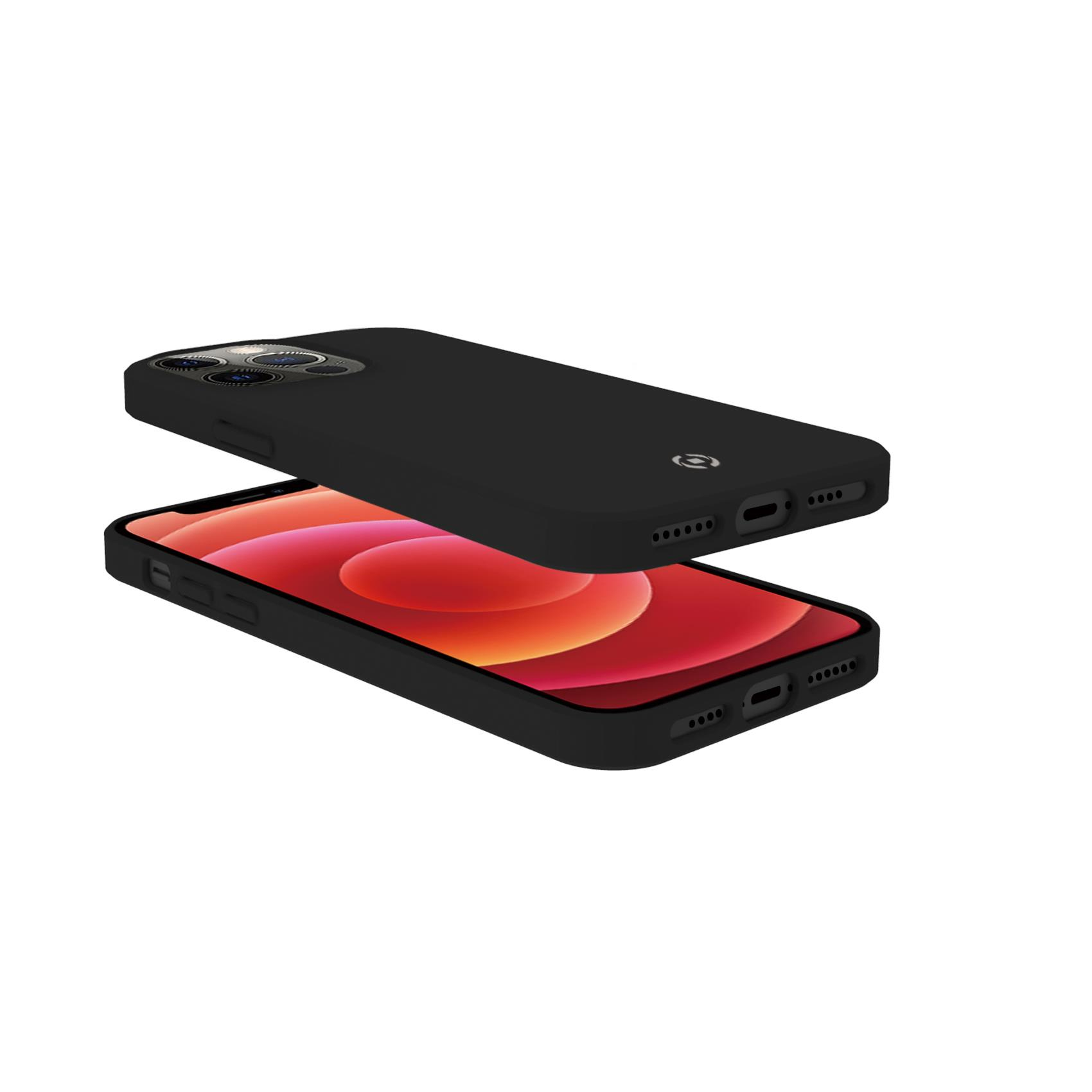 Custodia nera per telefono con un iPhone rosso all'interno. La custodia copre la parte posteriore e i lati.
