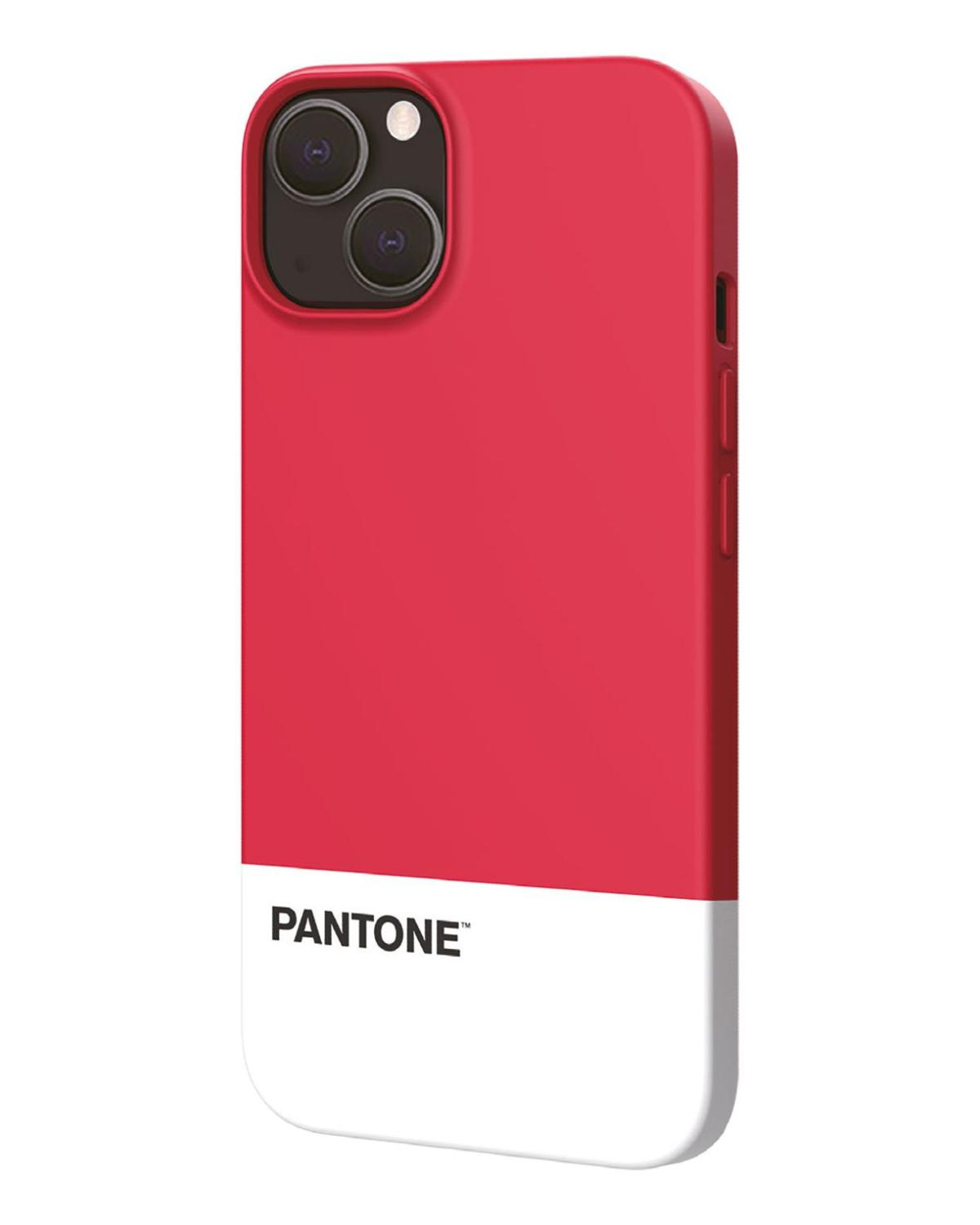 Custodia telefono rossa e bianca. Sopra rossa, sotto bianca, testo 'PANTONE' visibile.