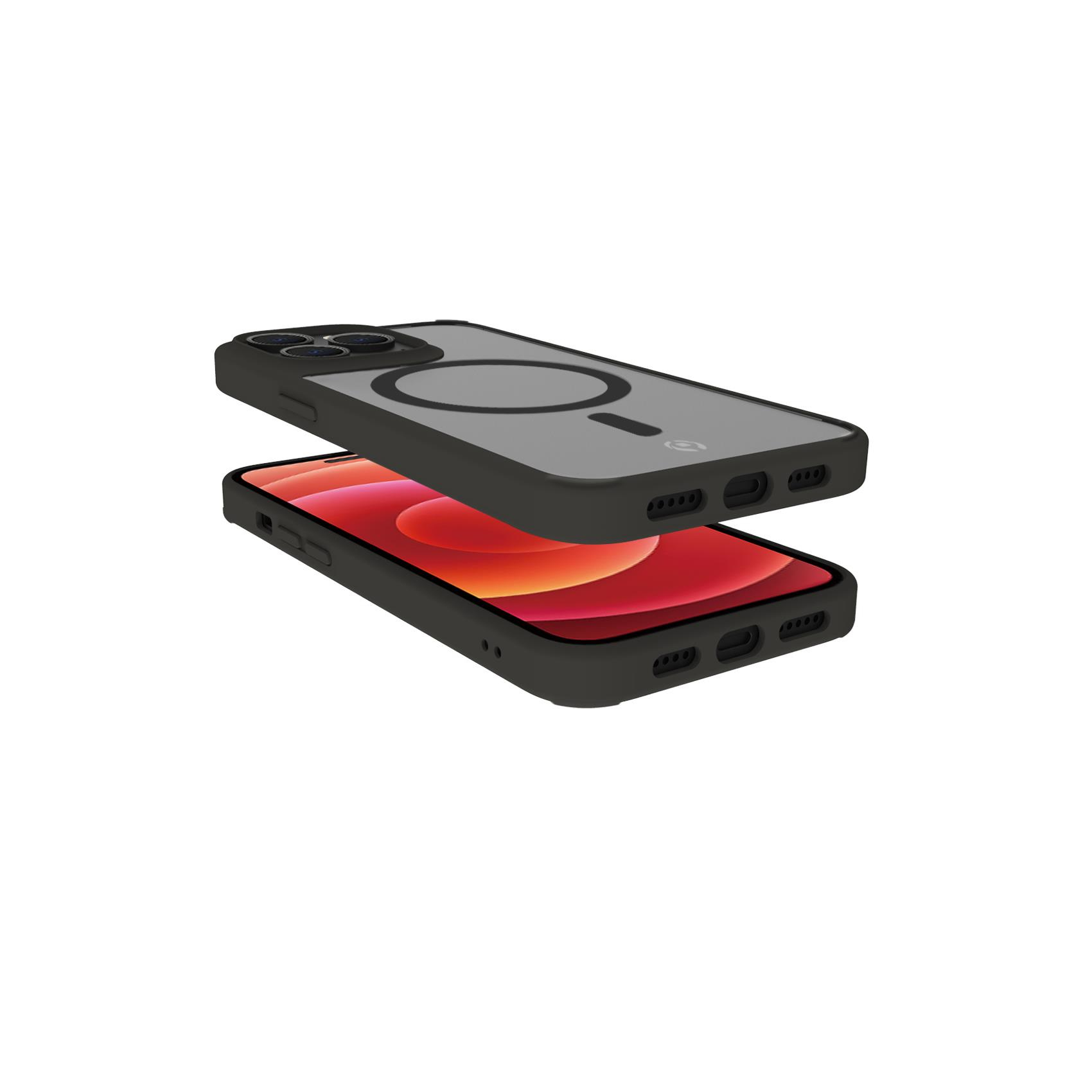 Custodia nera con un telefono all'interno. Il telefono ha uno schermo rosso. La custodia è nera.