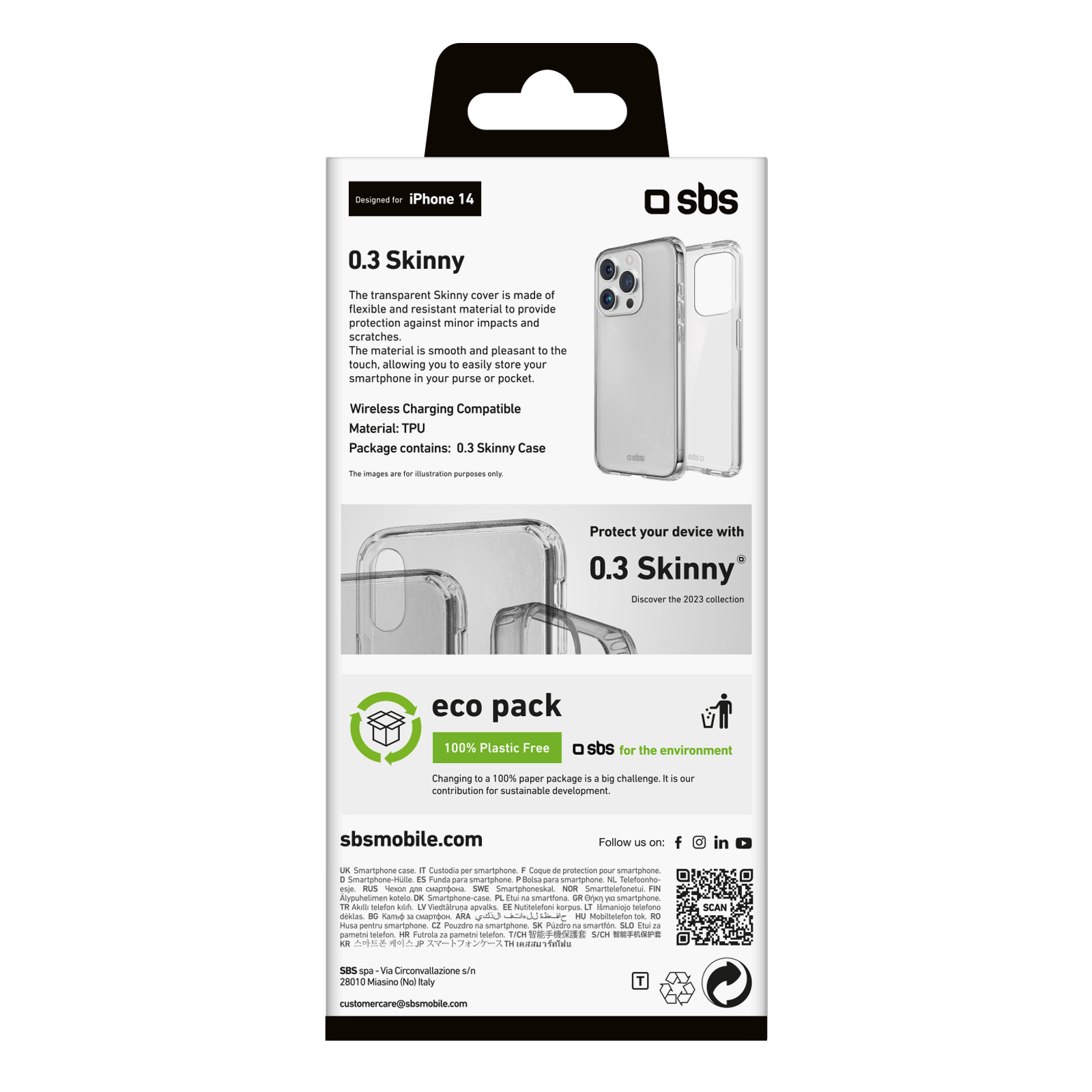 Retro confezione custodia iPhone con testo. Include testo sulla protezione e modello '0.3 Skinny'.