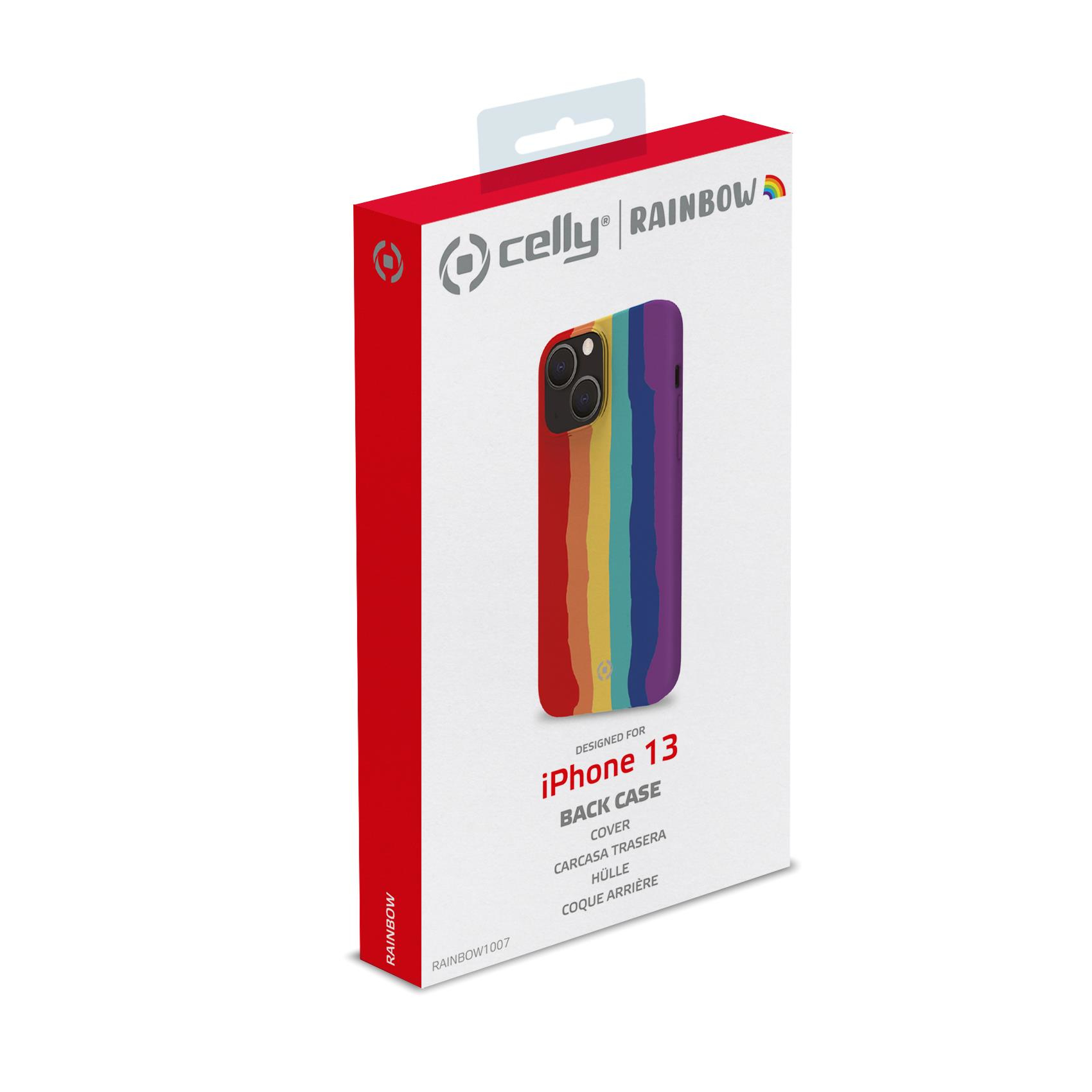 Scatola per custodia per telefono con un design arcobaleno. La scatola mostra una custodia a righe arcobaleno.