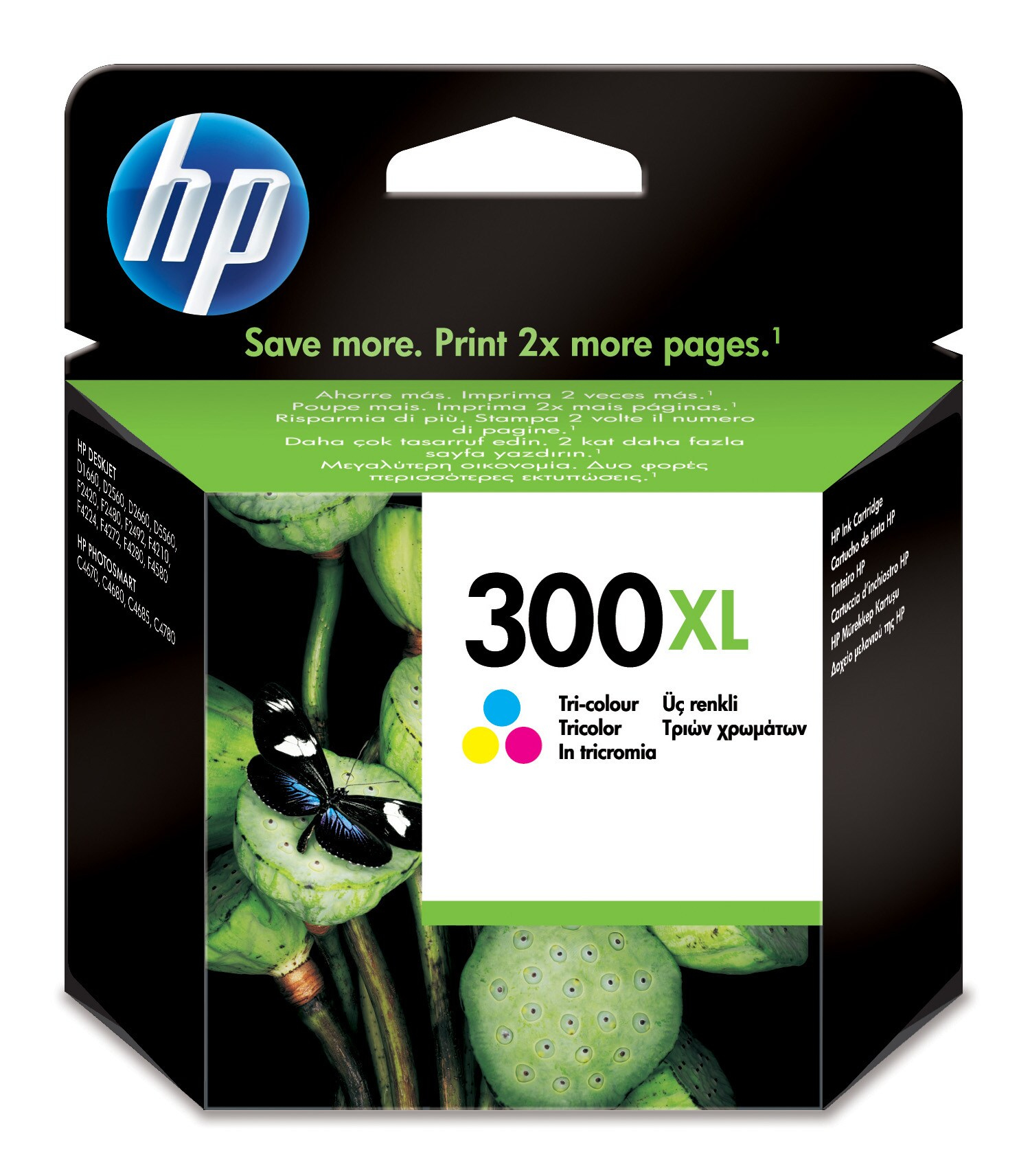 Pudełko z wkładem atramentowym HP z kwiatami lotosu, motylem i tekstem: 300XL Tri-color.