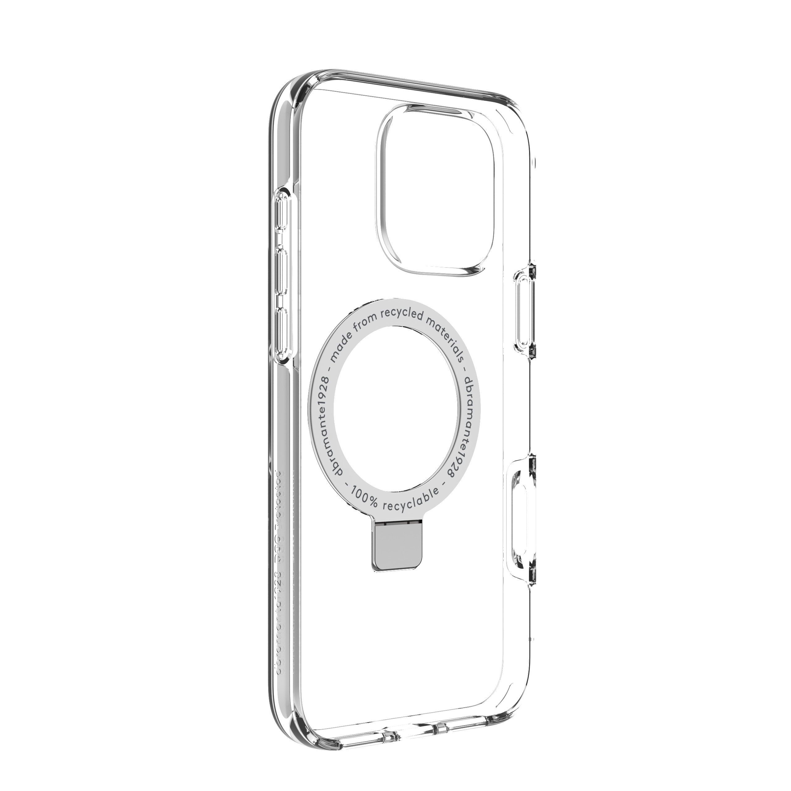 Custodia trasparente con cerchio magnetico e testo: realizzato con materiali riciclati.