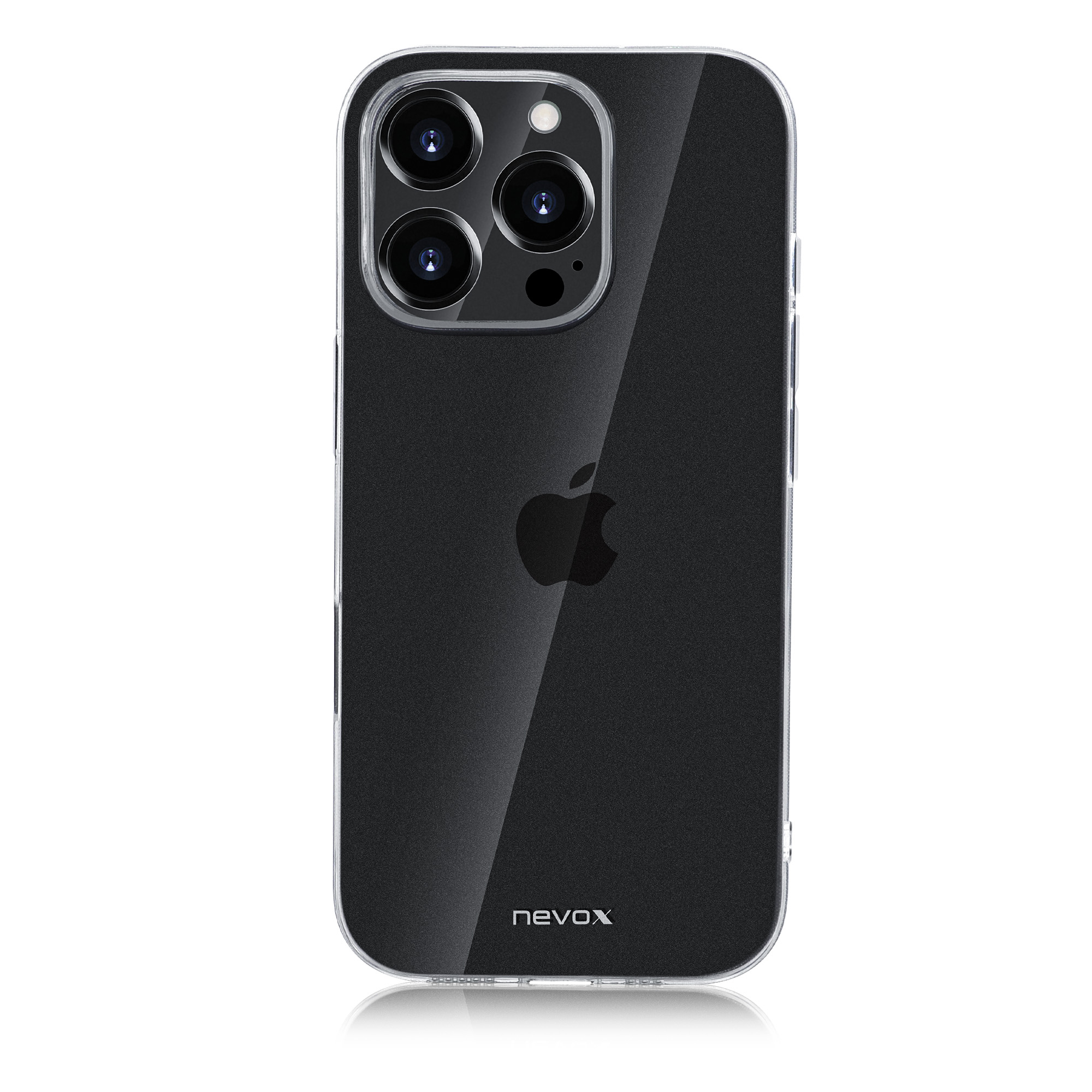 Coque transparente pour iPhone avec iPhone noir, avec 3 objectifs.