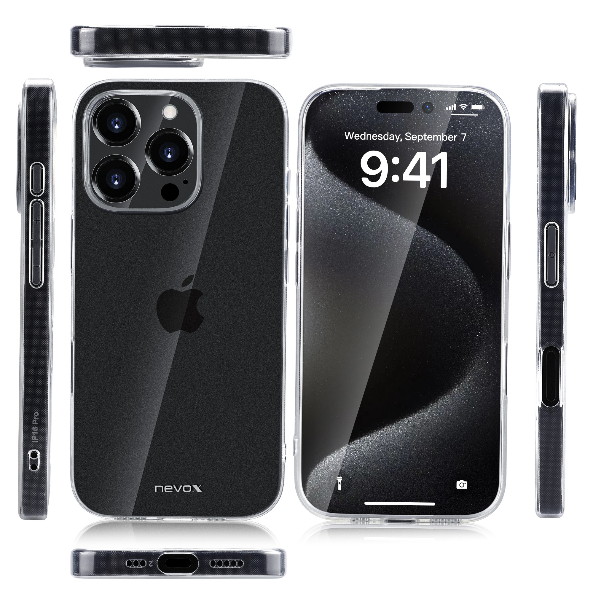 Téléphone avec coque transparente. Affiche la date et l'heure. Logo Apple noir.