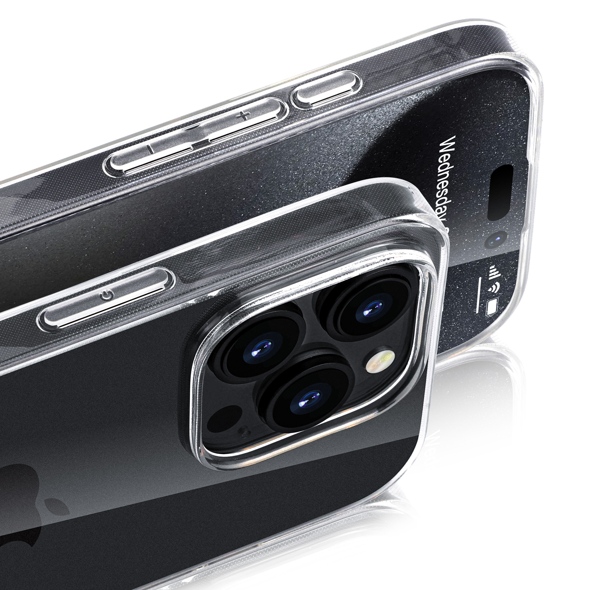 Gros plan d'une coque transparente avec un téléphone à l'intérieur.
