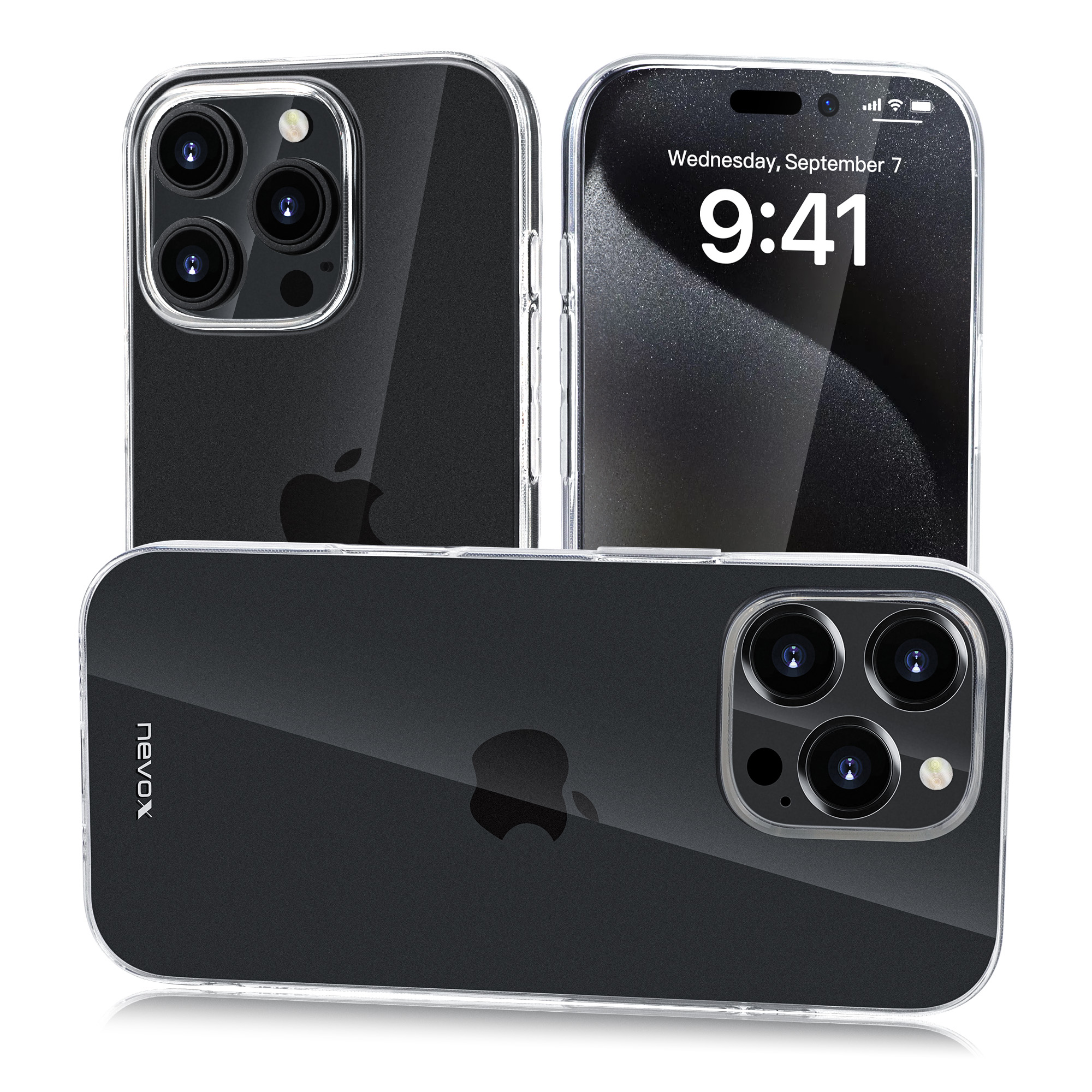 Coques de téléphone transparentes sur surface blanche avec écran de téléphone.
