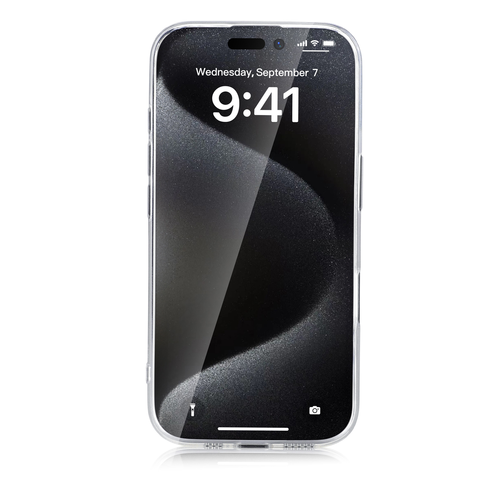 iPhone avec coque transparente. L'écran affiche l'heure et la date. Fond blanc.