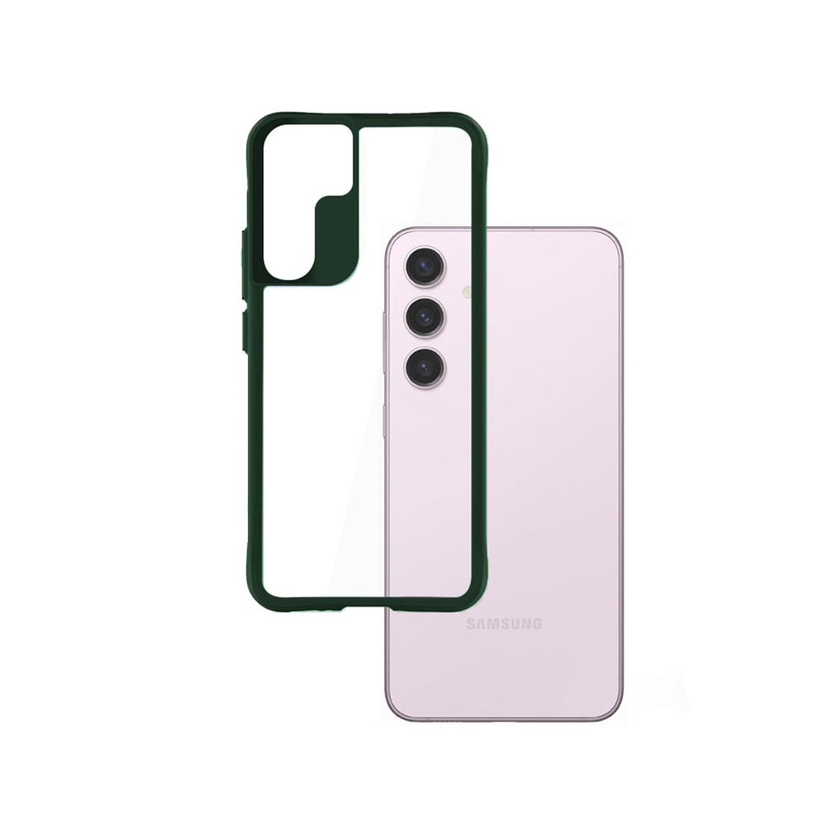 Telefono Samsung rosa con custodia verde su sfondo bianco.
