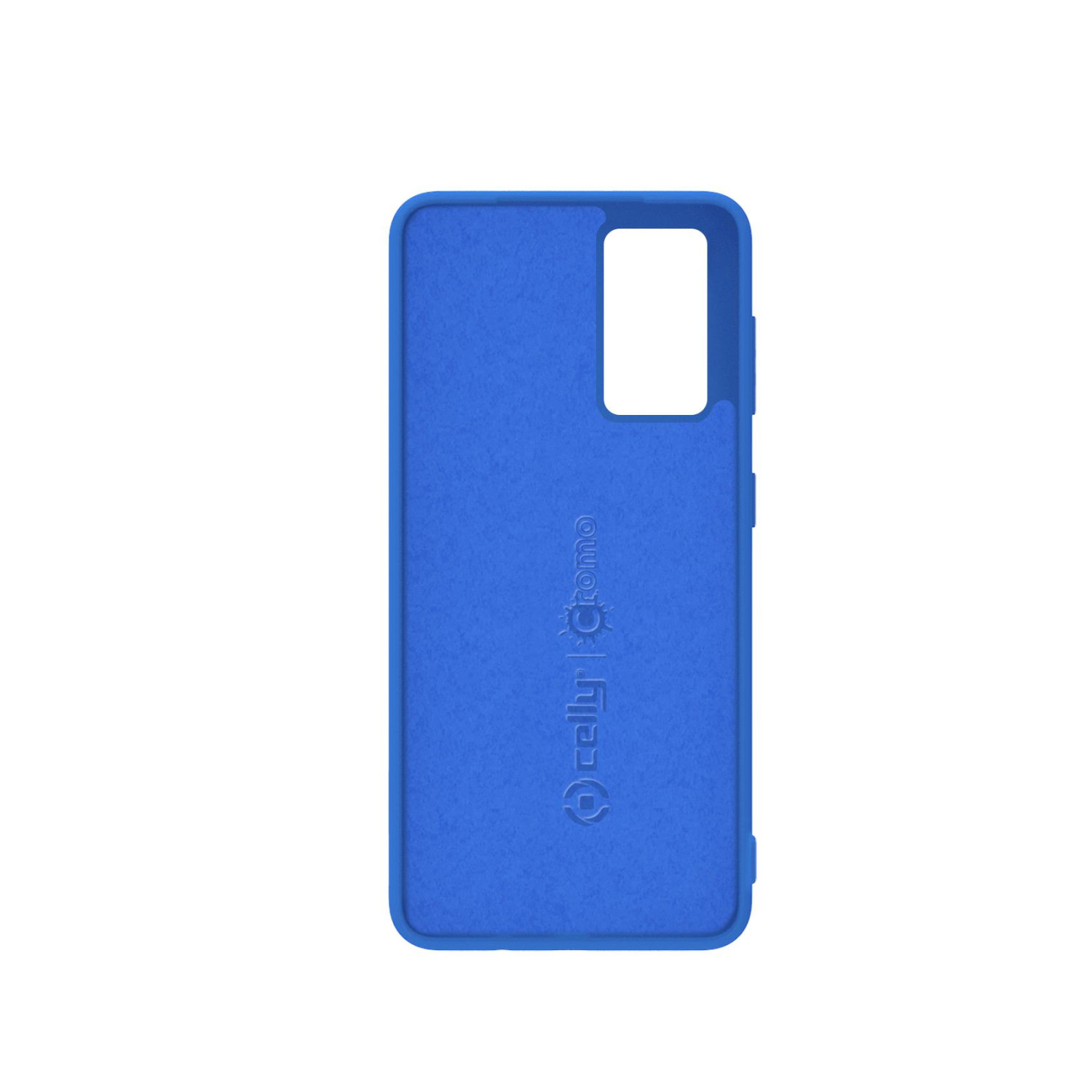 Custodia blu per telefono con ritaglio rettangolare per fotocamera.
