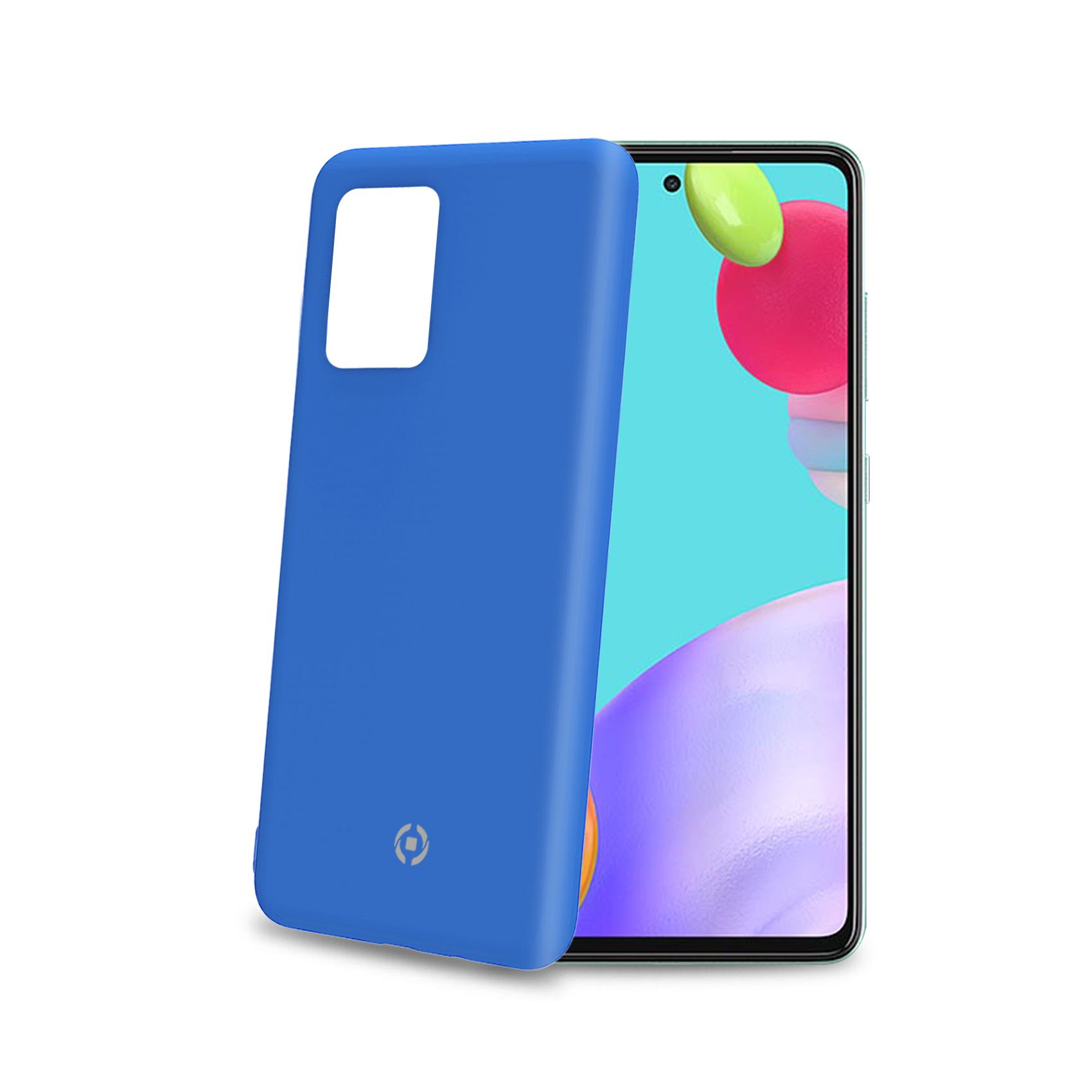 Custodia blu per telefono su telefono rosa su sfondo bianco.