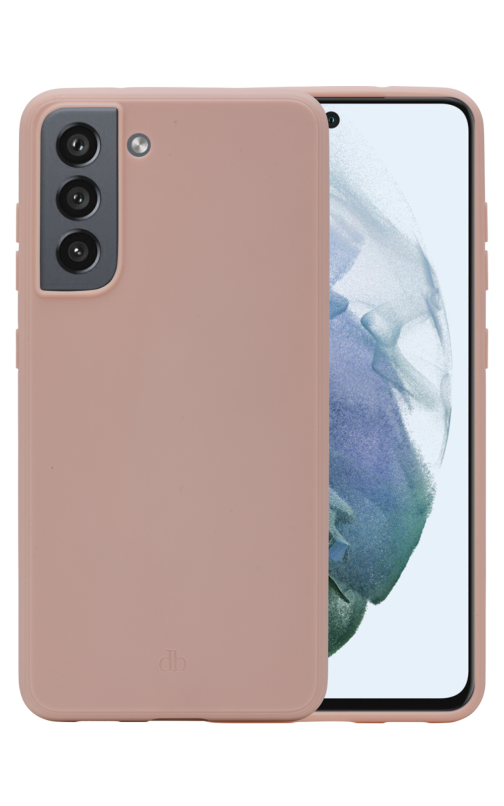 Custodia rosa su un telefono bianco con tre fotocamere.