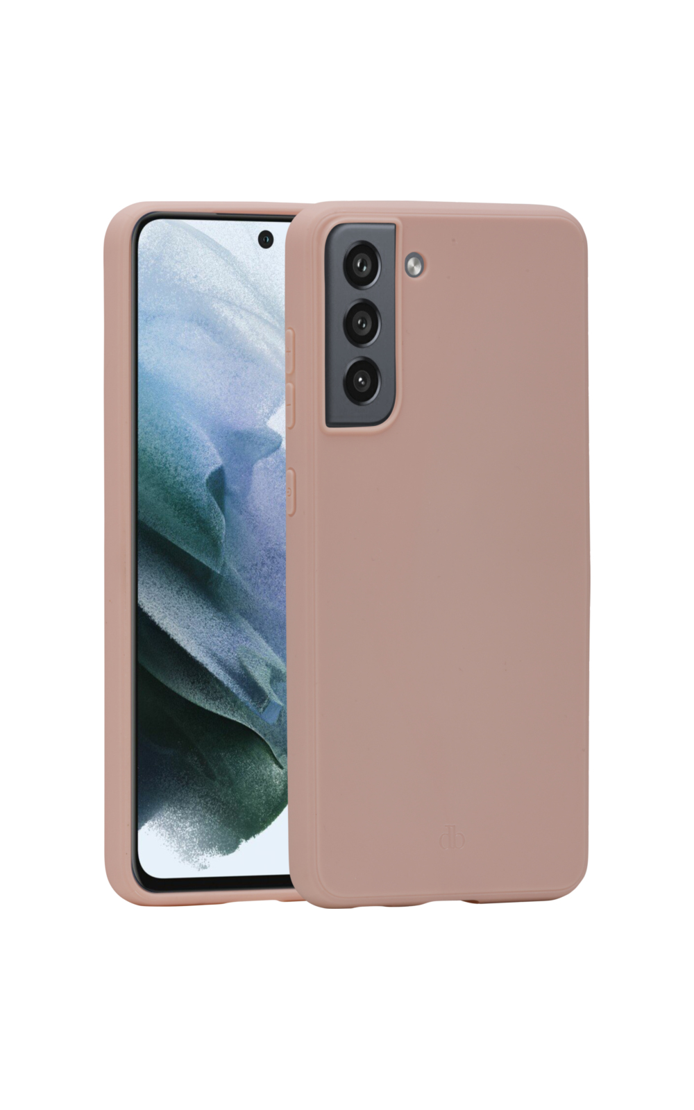 Telefono rosa e custodia rosa su sfondo bianco.