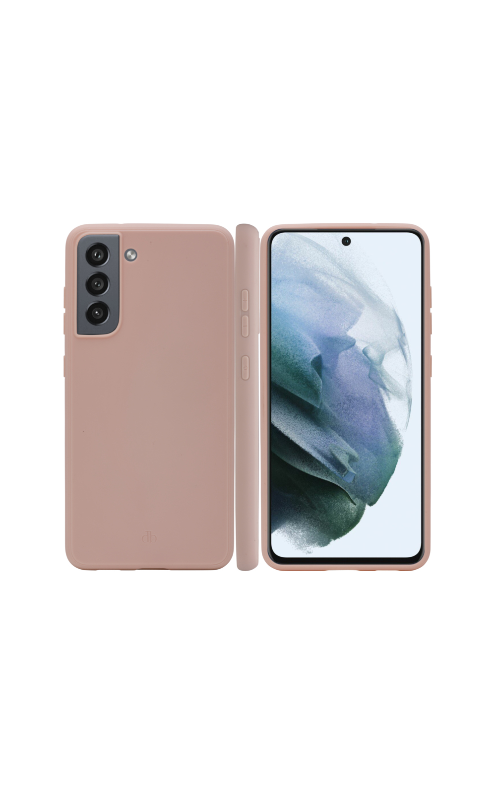 Due viste di una custodia rosa per telefono e smartphone. Il telefono ha tre obiettivi. La custodia è rosa.