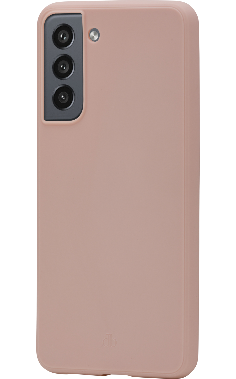 Una custodia rosa per telefono con tre obiettivi. La custodia è di colore rosa pieno e ha un logo.