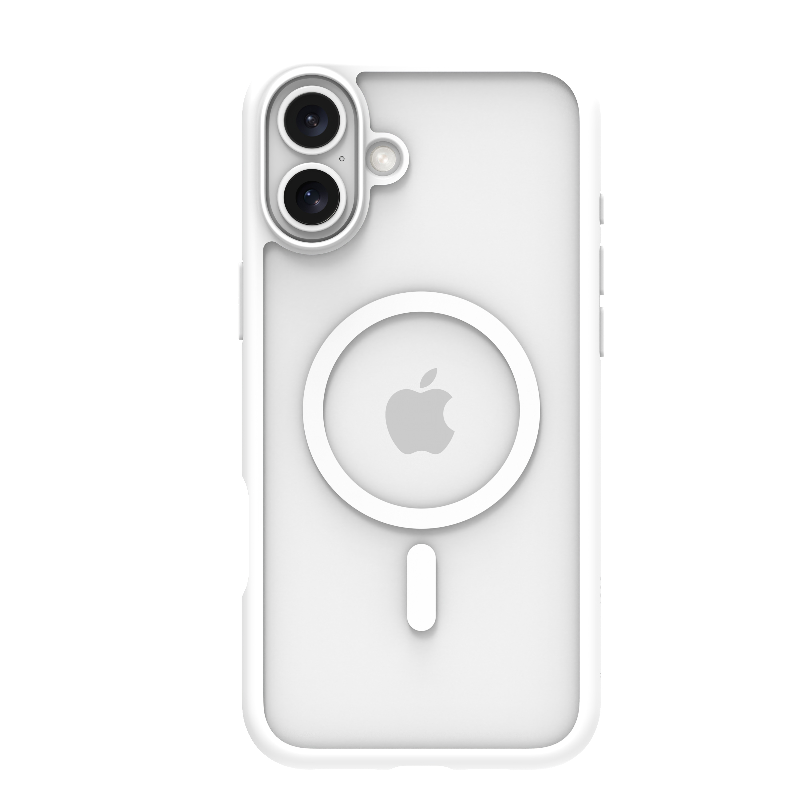 Una custodia bianca per telefono con un cerchio bianco e un logo Apple. La custodia ha un bordo trasparente.