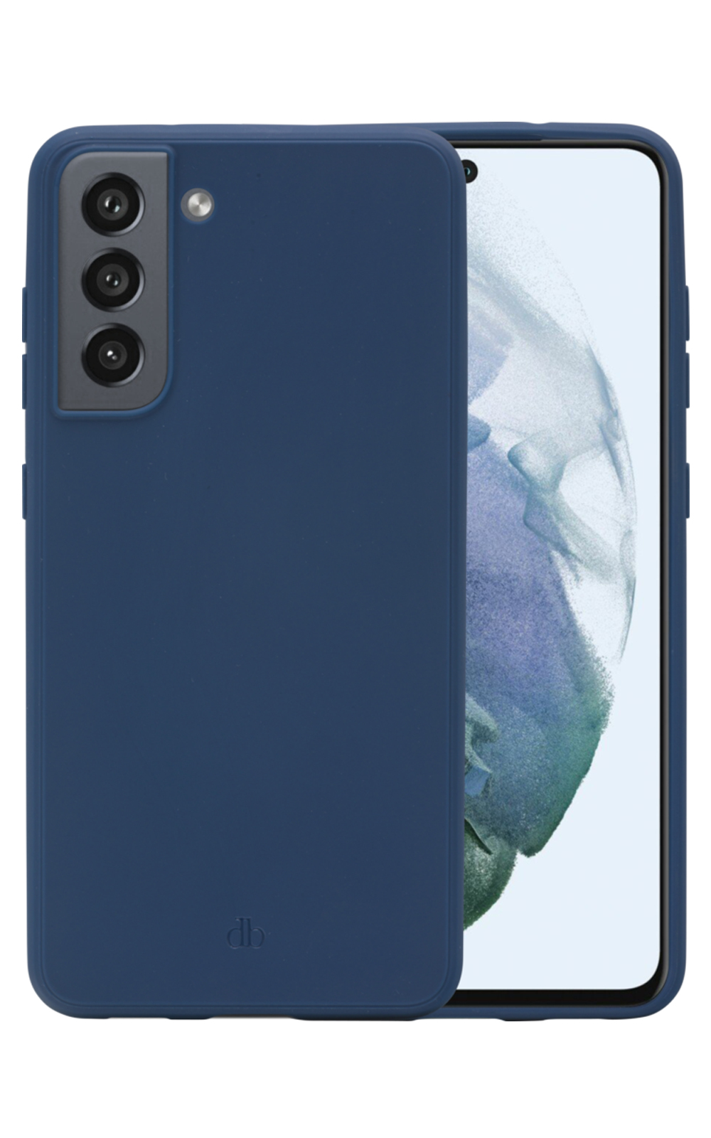 Custodia blu per telefono accanto a un telefono con uno schermo che mostra un'immagine sfocata e astratta.