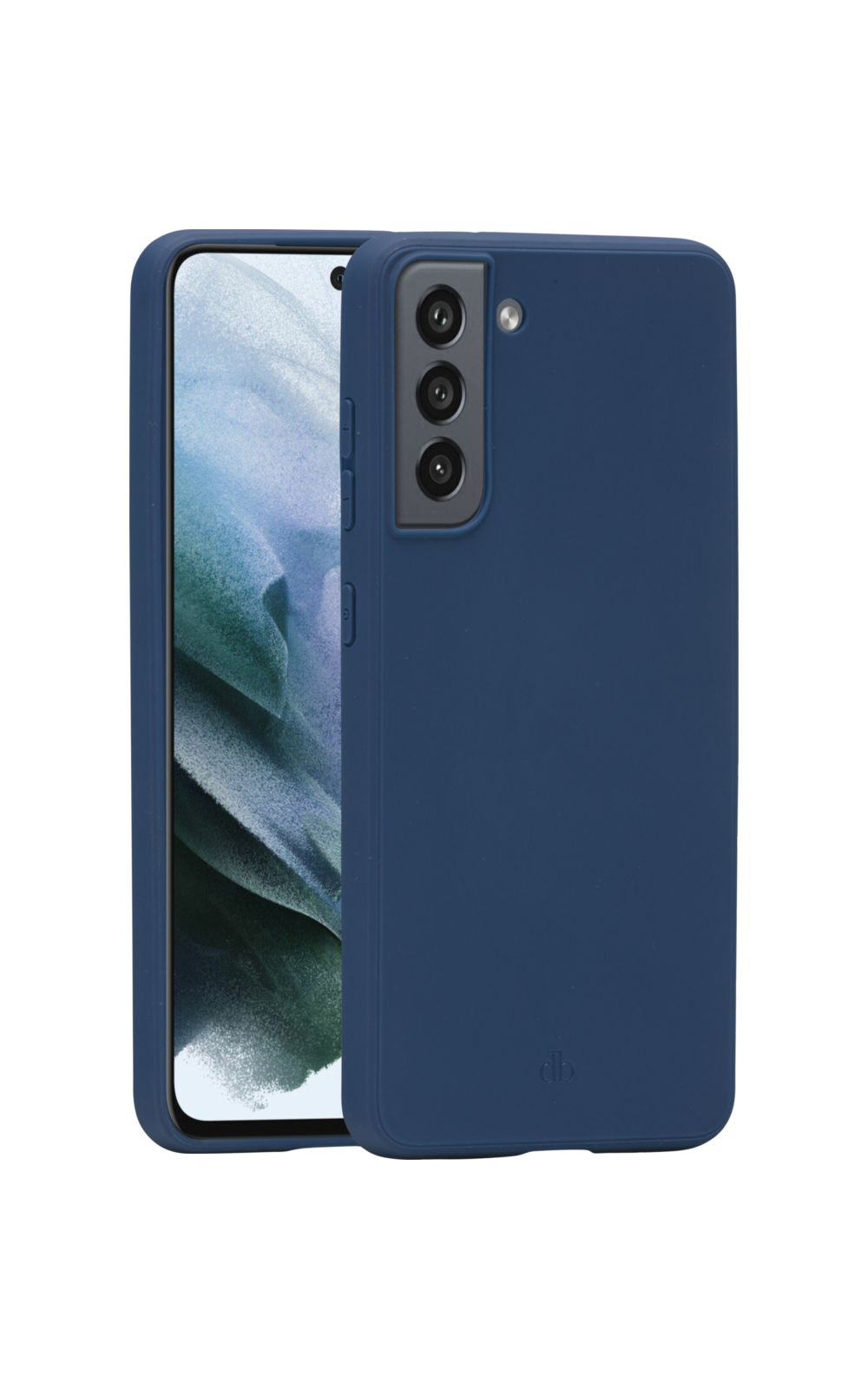 Custodia blu scuro con telefono all'interno su sfondo bianco.