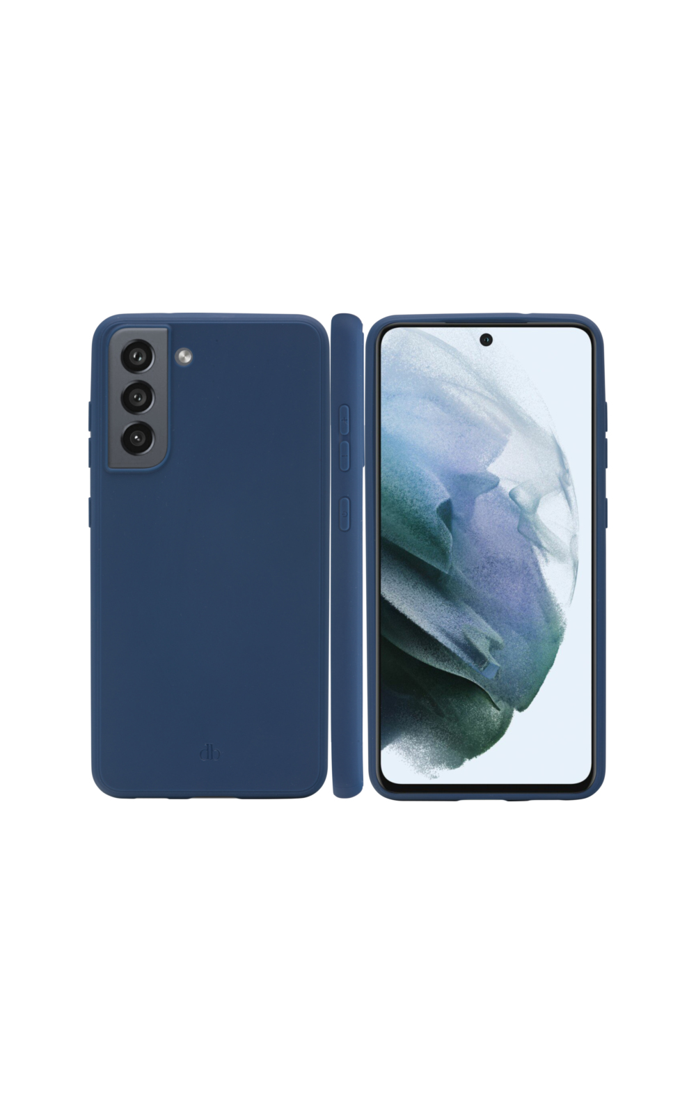 Due telefoni con custodie blu, uno mostra uno schermo, l'altro il retro del telefono.