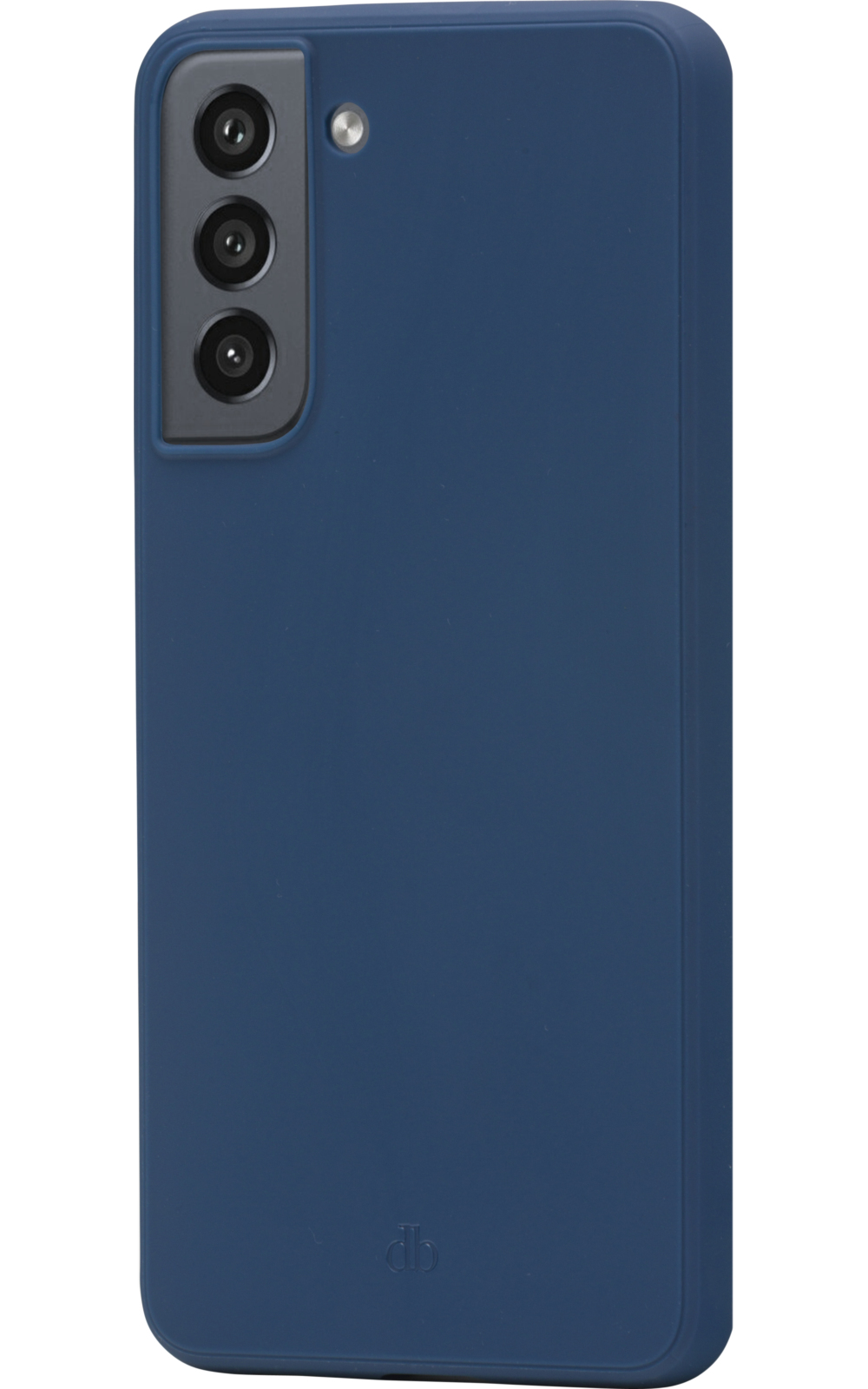 Una custodia blu per telefono con un modulo fotocamera sul retro, su una superficie bianca.